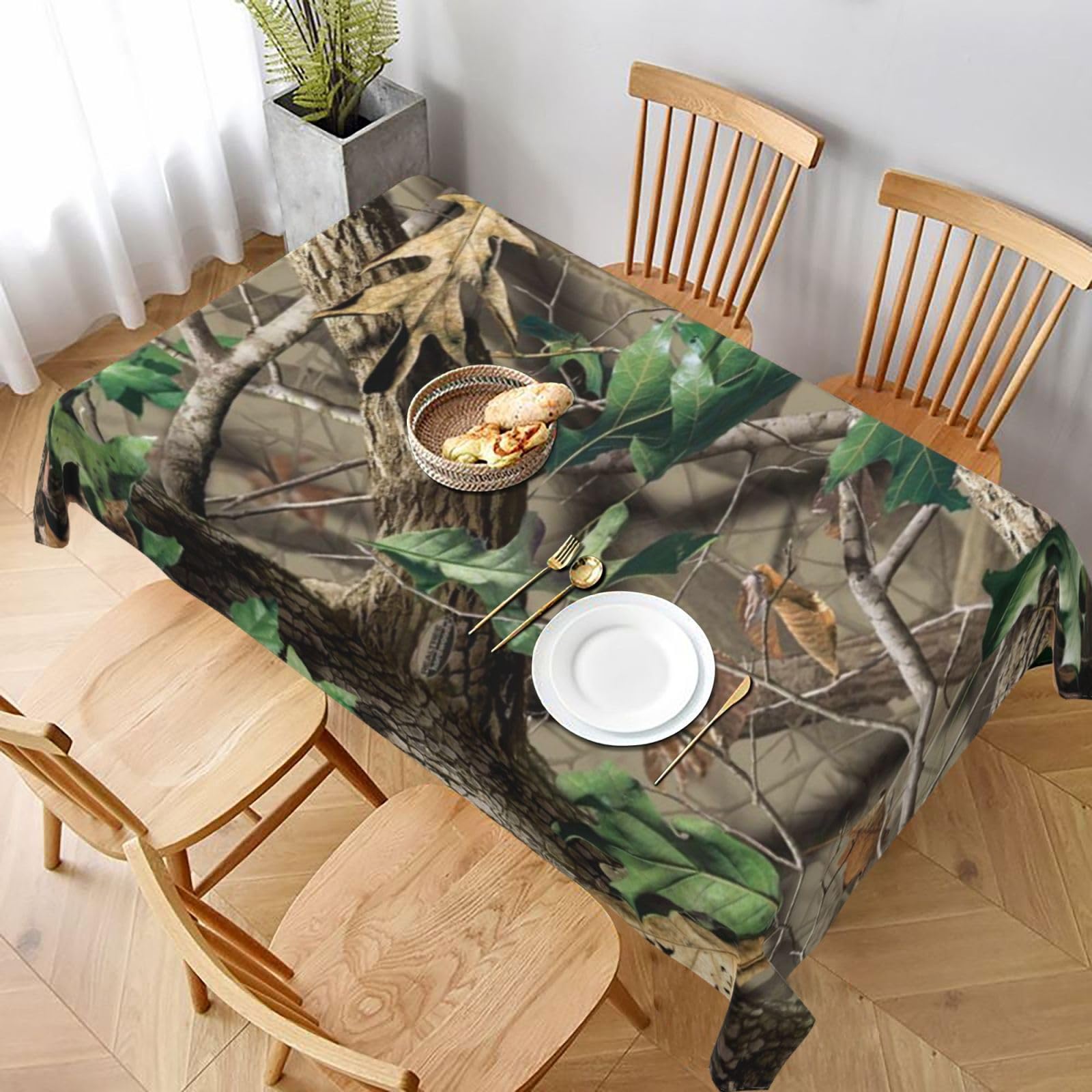 BNVSADC Hardwoods Green Camouflage Printed Rectangle Tablecloth 228x152 CM, Water Resistant Polyester Table Cloth Decorative Fabric Table Covers for Kitchen Dining Table Parties Camping