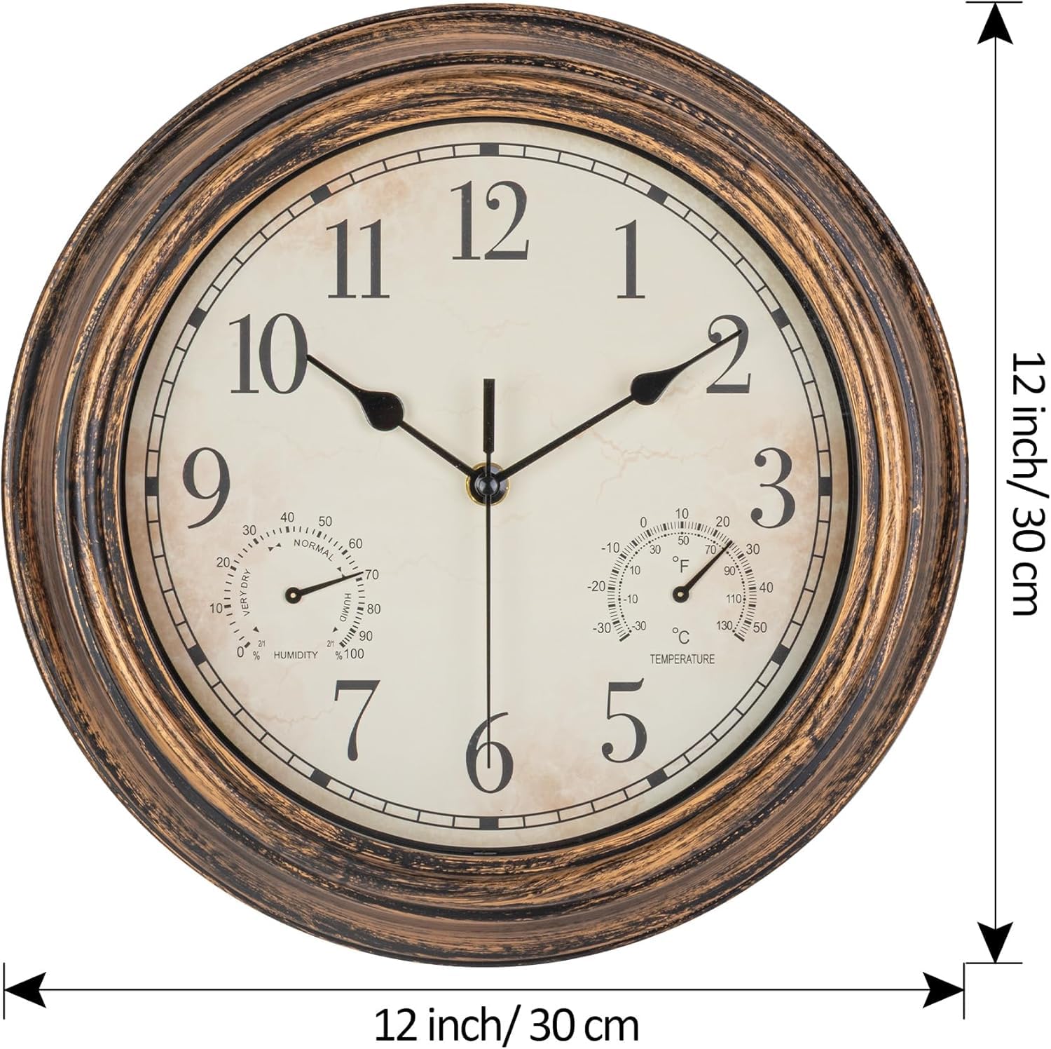 Horloge murale de jardin - Étanche - Vintage - Avec thermomètre et humidité - 30 cm - Sans tic-tac - Résistante aux intempéries - Pour terrasse, piscine, porche, jardin, salle de bain