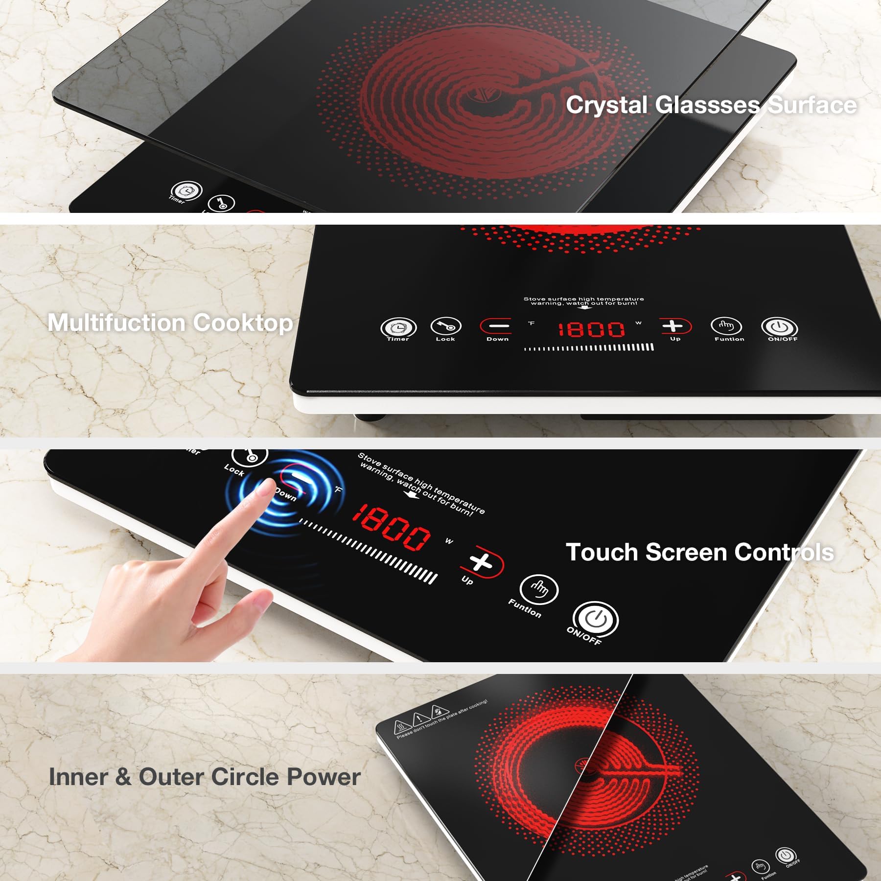 Cocina eléctrica de un solo quemador, estufa eléctrica de 110 V 1800 W con control táctil LED, quemador eléctrico único 9 niveles de potencia, 4 hTimer, bloqueo de seguridad, protección contra 9