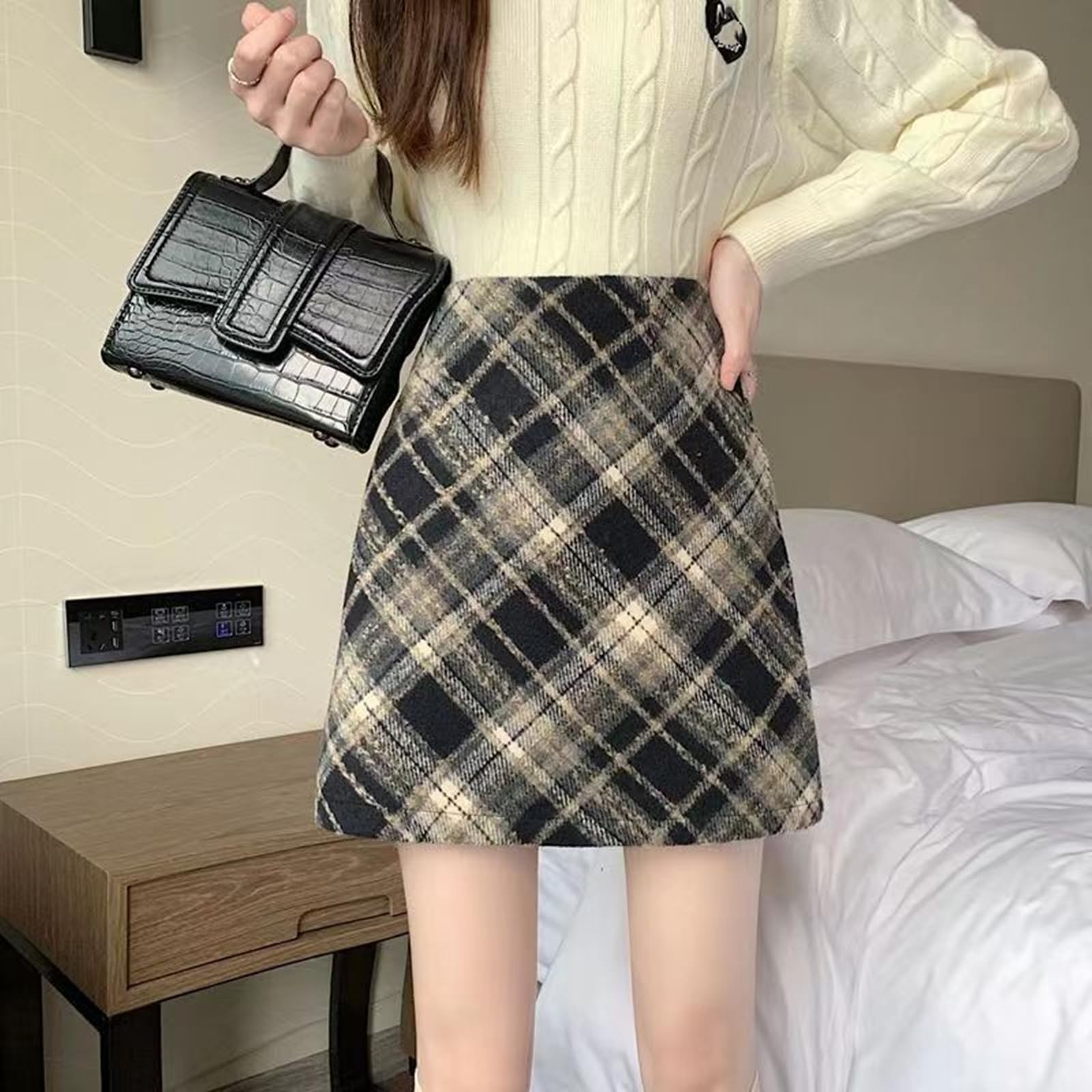 Spódnica jesienno-zimowa moda damska vintage wysoka talia mini spódnica w kratę o linii A biuro pani elegancka