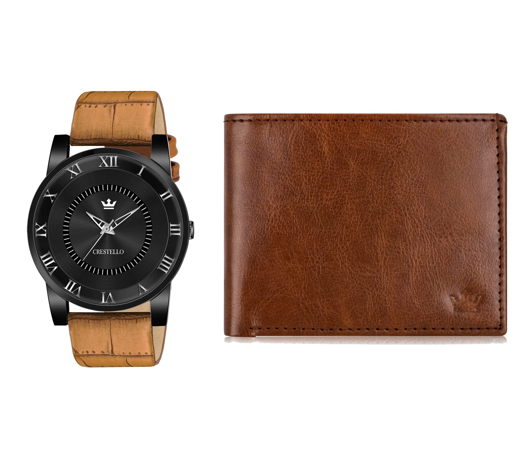 CRESTELLO Tan Leather Strap Analog Wrist Watch & Wallet Combo Gift Pack (B0BD27KS47) Amazon Price History, Amazon Price Tracker