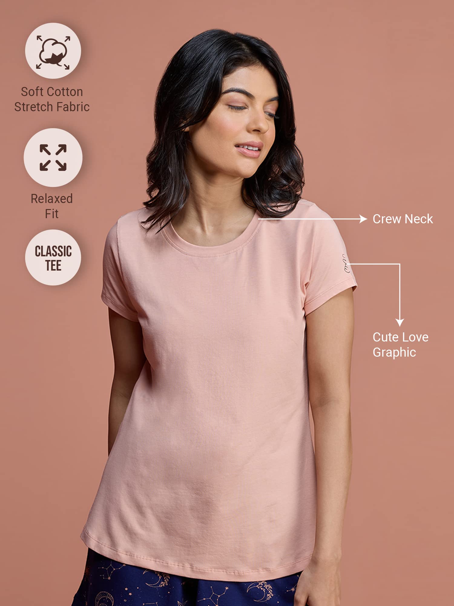 NYKD Camiseta de algodón ultrasuave para mujer, para todas las ocasiones, esencial, ajuste relajado, algodón, cuello redondo, NYLE216, casi albaricoque, talla S