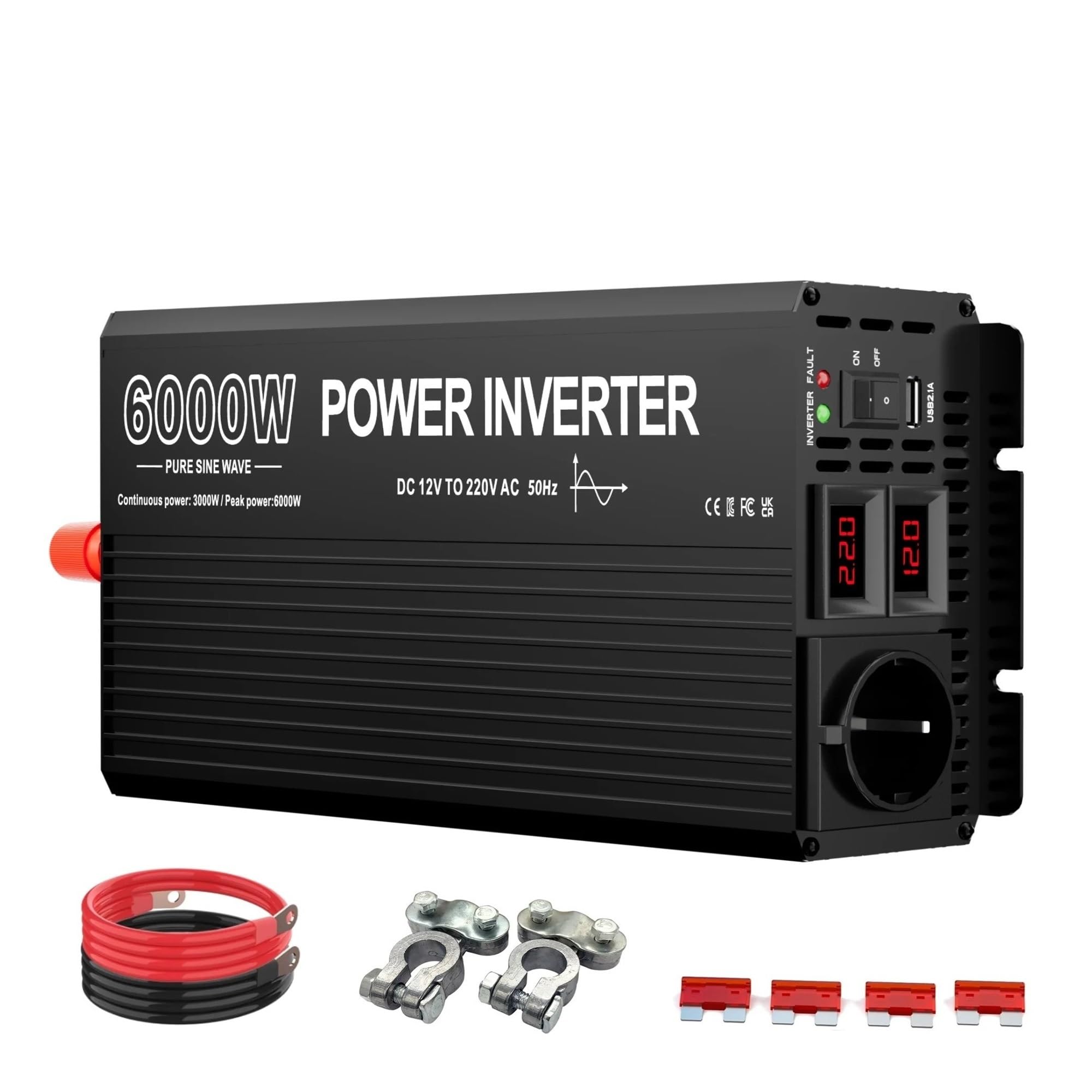 Invertitore Potenza Inverter A Onda Pura 12v 220v, Potenza Di Picco 6000W/potenza Nominale 3000W, Trasformatore 12 V 220V, Convertitore Da CC A CA Per Auto Inverter(12V)