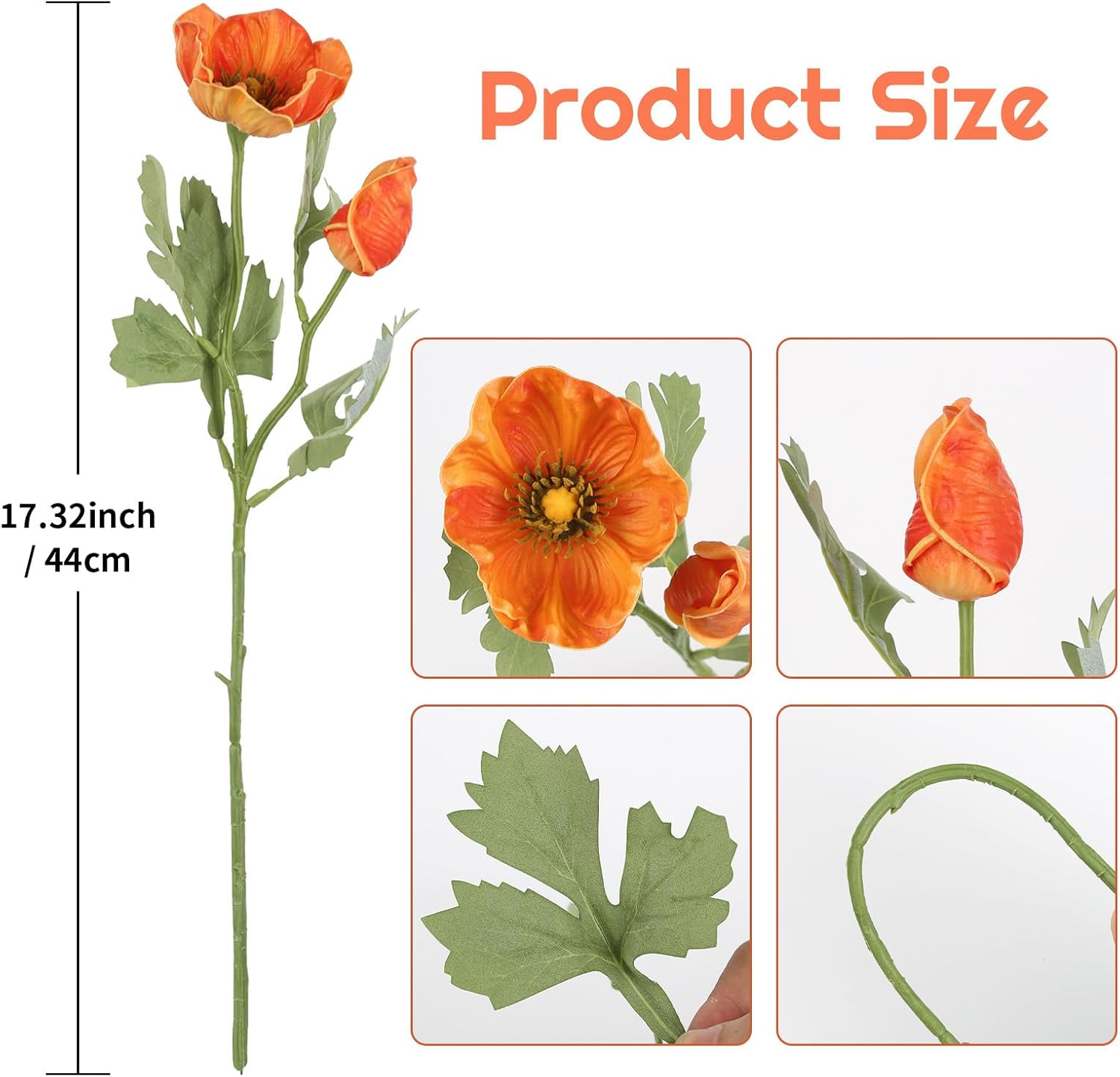 IPOPU Poppy Flowers Artificial 6pcs Orange Faux Flowers Real Touch Fake Poppies with Stems for Floral Arrangements Home Wedding Dining Table Party Garden Decor(Orange)