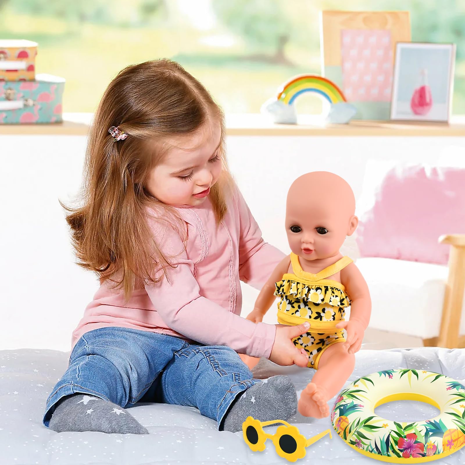 Traje de Baño para Muñecas, Ropa de Muñecas para New Born Baby Doll, Ropa para Muñecas Bebé con Bañadores Muñecas, Gafas de Sol, Anillo de Natación, Ropa de Muñeca para Muñecas de 35–45 cm