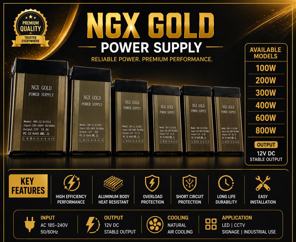 NGX Gold 12V Power Supply for LED Strip, CCTV & Signage | SMPS Adapter with Aluminum Body, Overload Protection | 100W/200W/300W/400W/600W/800W-image-37
