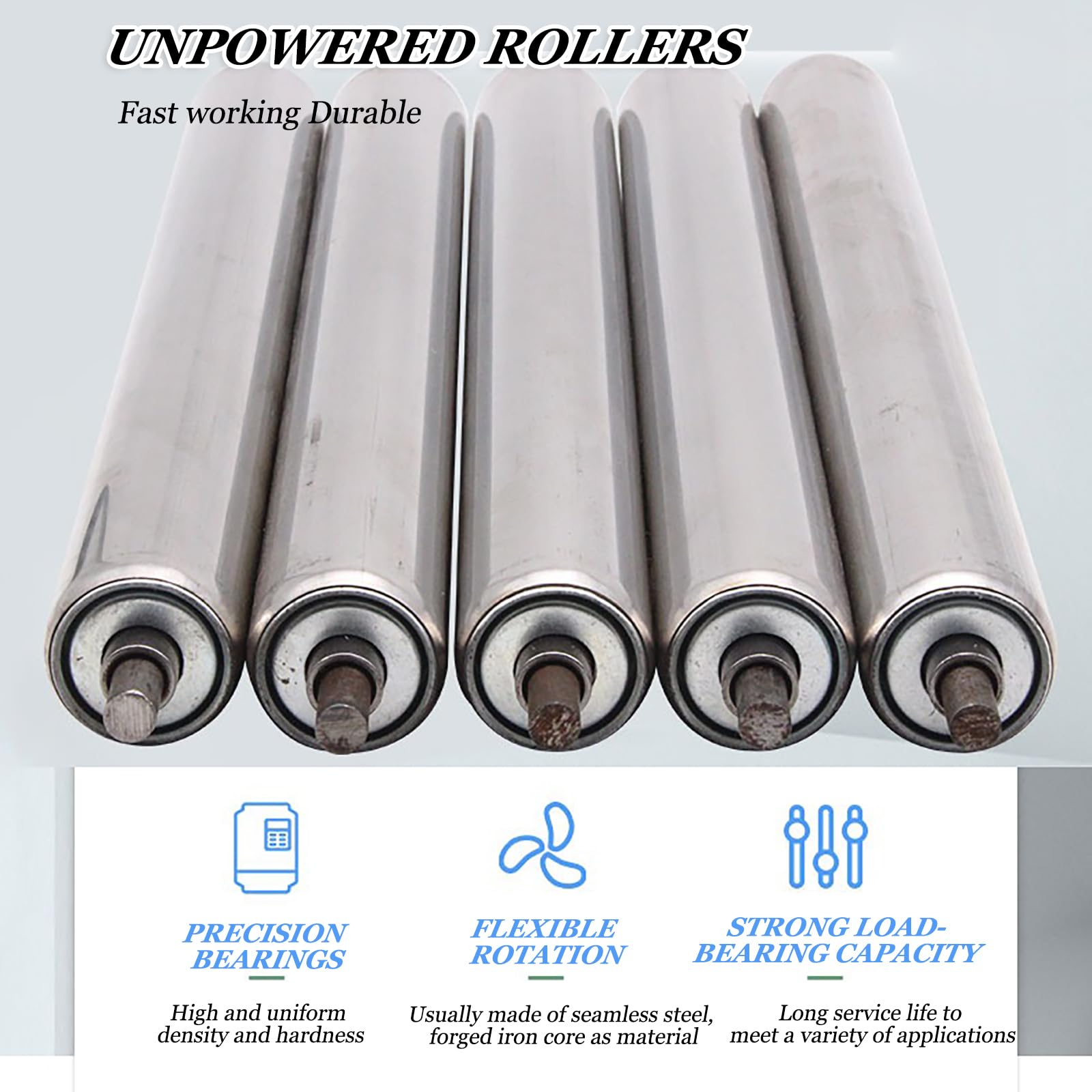 Edelstahl Schwerkraftrollen 5 Stück, Ø50mm Länge 300mm | Metall Ersatzrollen, verschiedene Durchmesser für Industrieförderanlagen(C 38mm/1.5'',L500MM(19.7in))