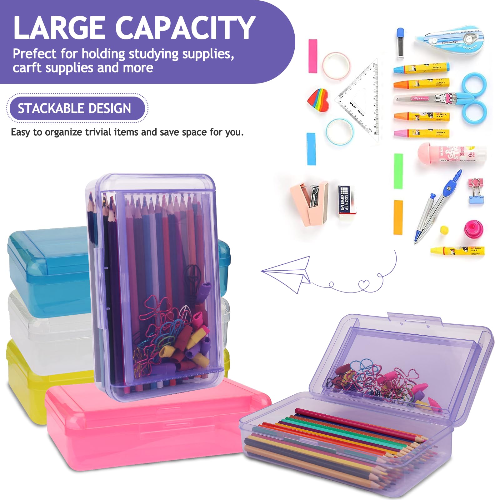 1 caja de lápices, caja de lápices de doble capa de gran capacidad, estuche rígido con tapa hermética, estuche de plástico para lápices de oficina, suministros escolares, cajas de bolígrafos,