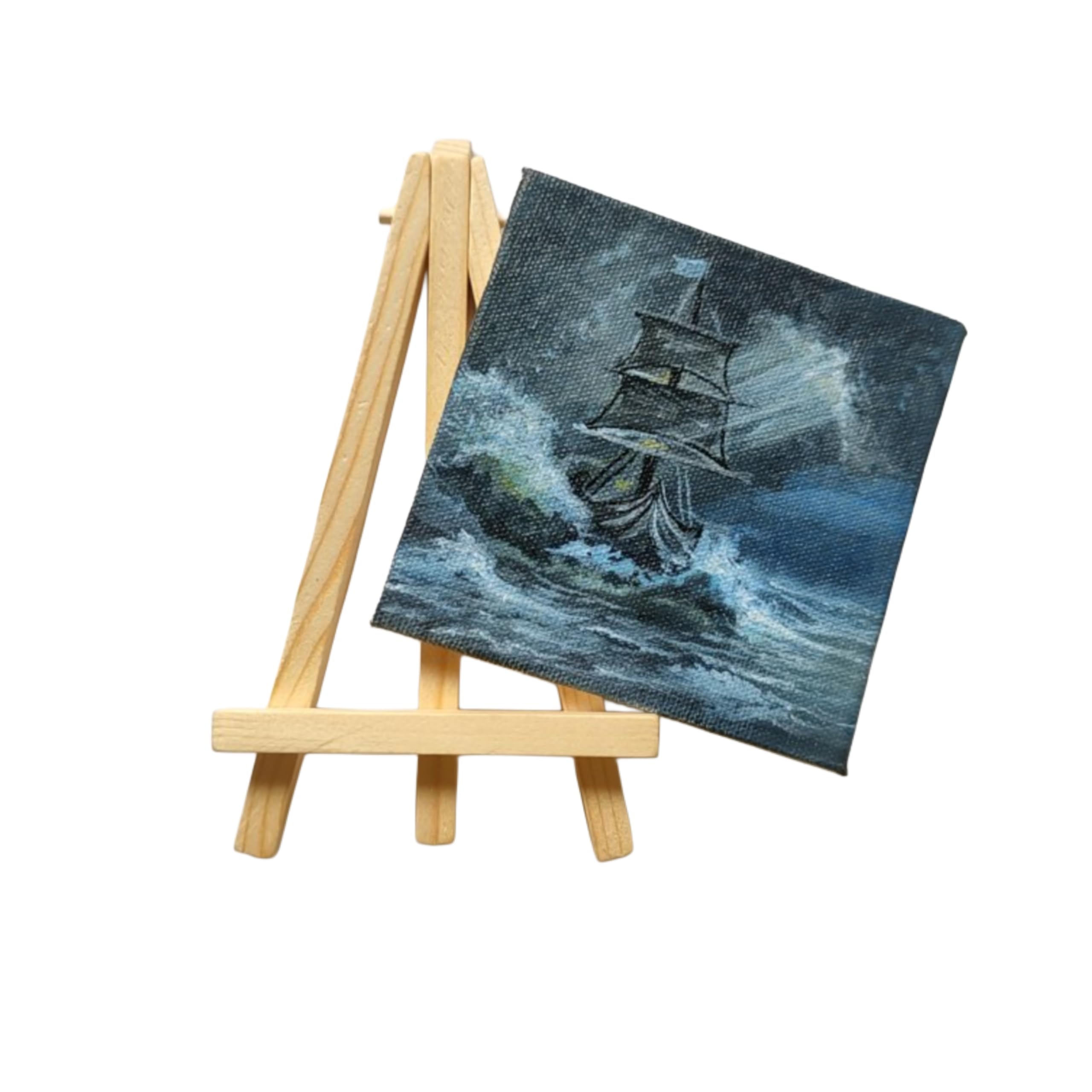 BHAGATH ART STUDIO Mini Canvas Ship Painting with Wooden Easel Stand, 10 cm × 10 cm, Stormy Sea Art, Home Decor, Fine Art-image-45