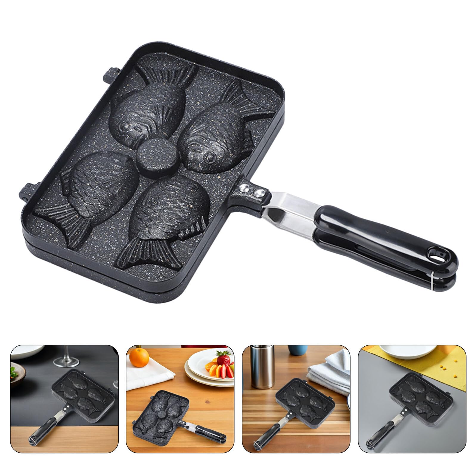 Molde para Pastel de Pescado con 4 Rejillas, Aluminio Negro | Doble Cara y Mango Largo, para Repostería y Cocina de Postres, Uso Cómodo y Limpieza Sencilla