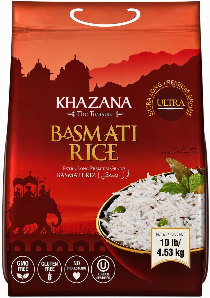 Authentic Extra Long Basmati Rice by Khazana in 10 lb Bag - Aromatic and Flavorful Indian Grain - Non-GMO, Gluten Free, Kosher, Cholesterol Free