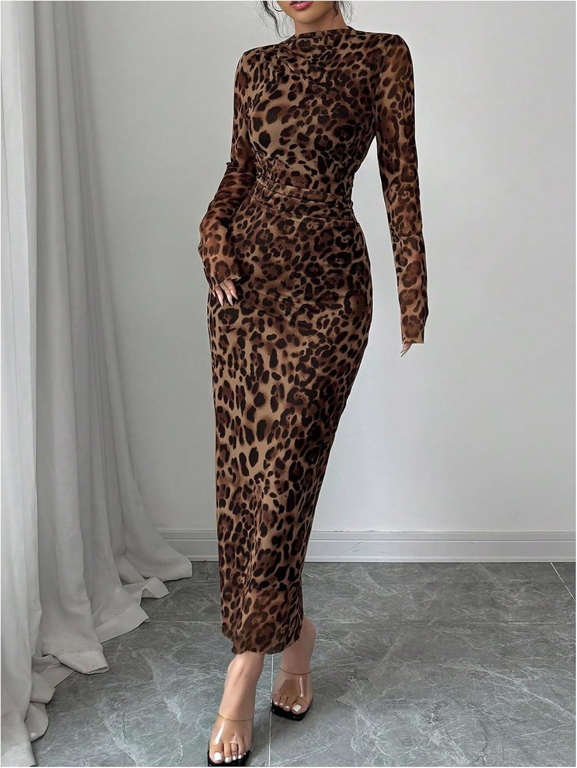 SHENHE Women's Leopard Print Mesh Sheer Long Sleeve Maxi Dress Ruched Bodycon Party Long Dress - Image 4