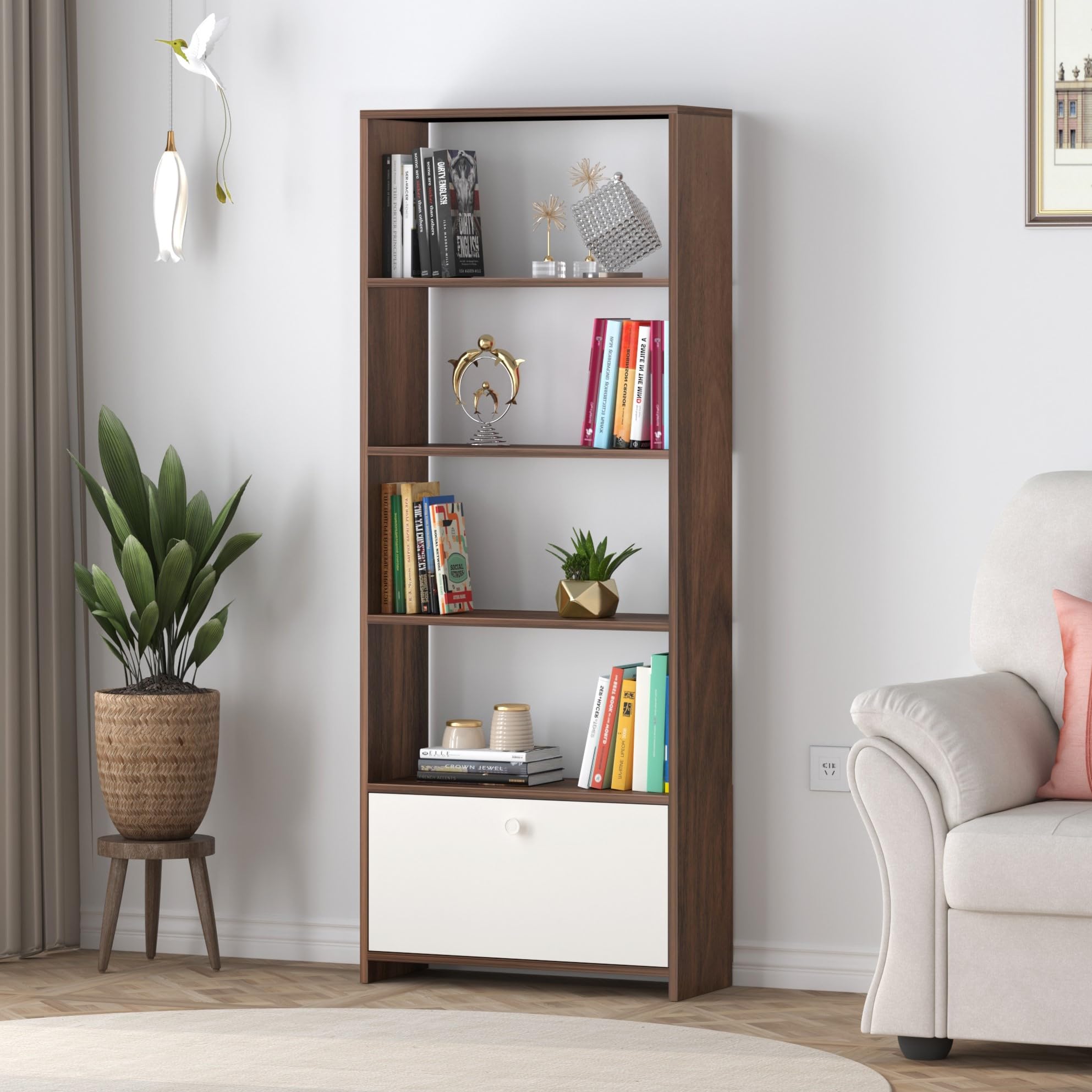 BLUEWUD Molse Engineering Wood Multipurpose Floor Standing Bookshelf Decor Display Shelves Wall Book Storage Rack Organizer with Hinged Door for Office Home (Brown Maple & White)-image-19