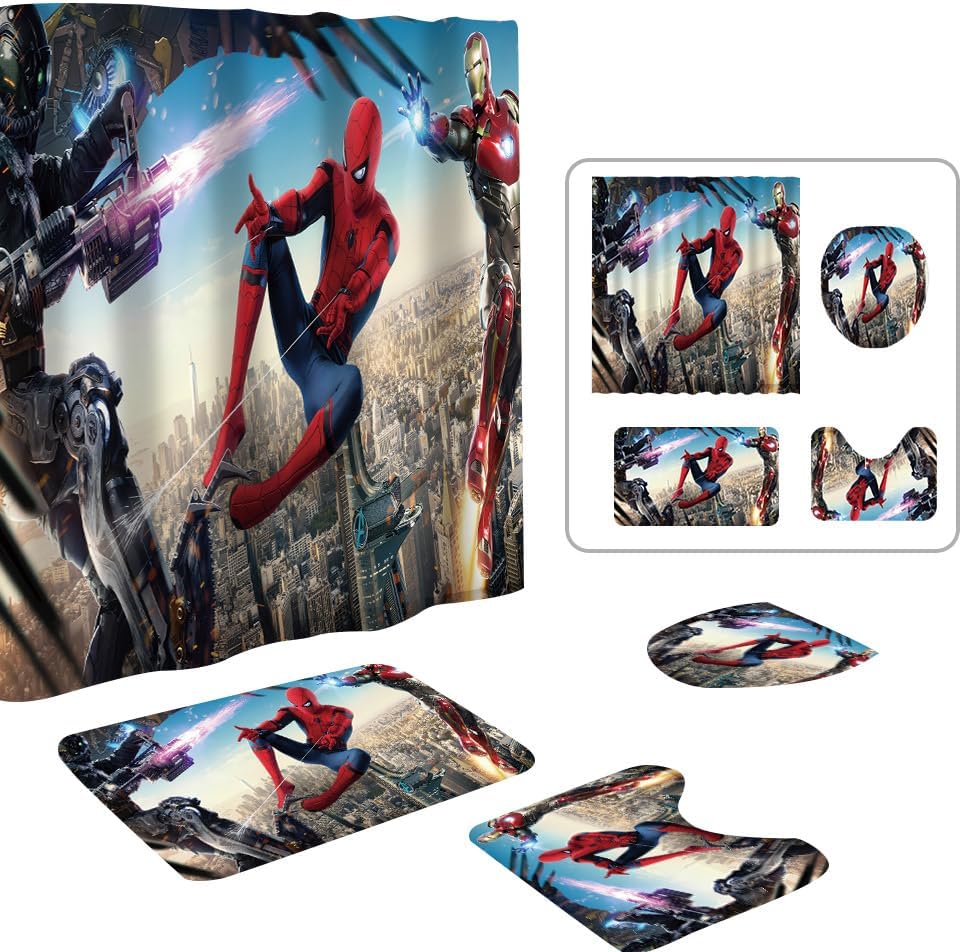 Cute Cartoon Shower Curtain Set 4 Piece with Non-Slip Rugs, Toilet Lid Cover and Bath Mat Cartoon Bathroom Decor 72 x 72inch (Spider)
