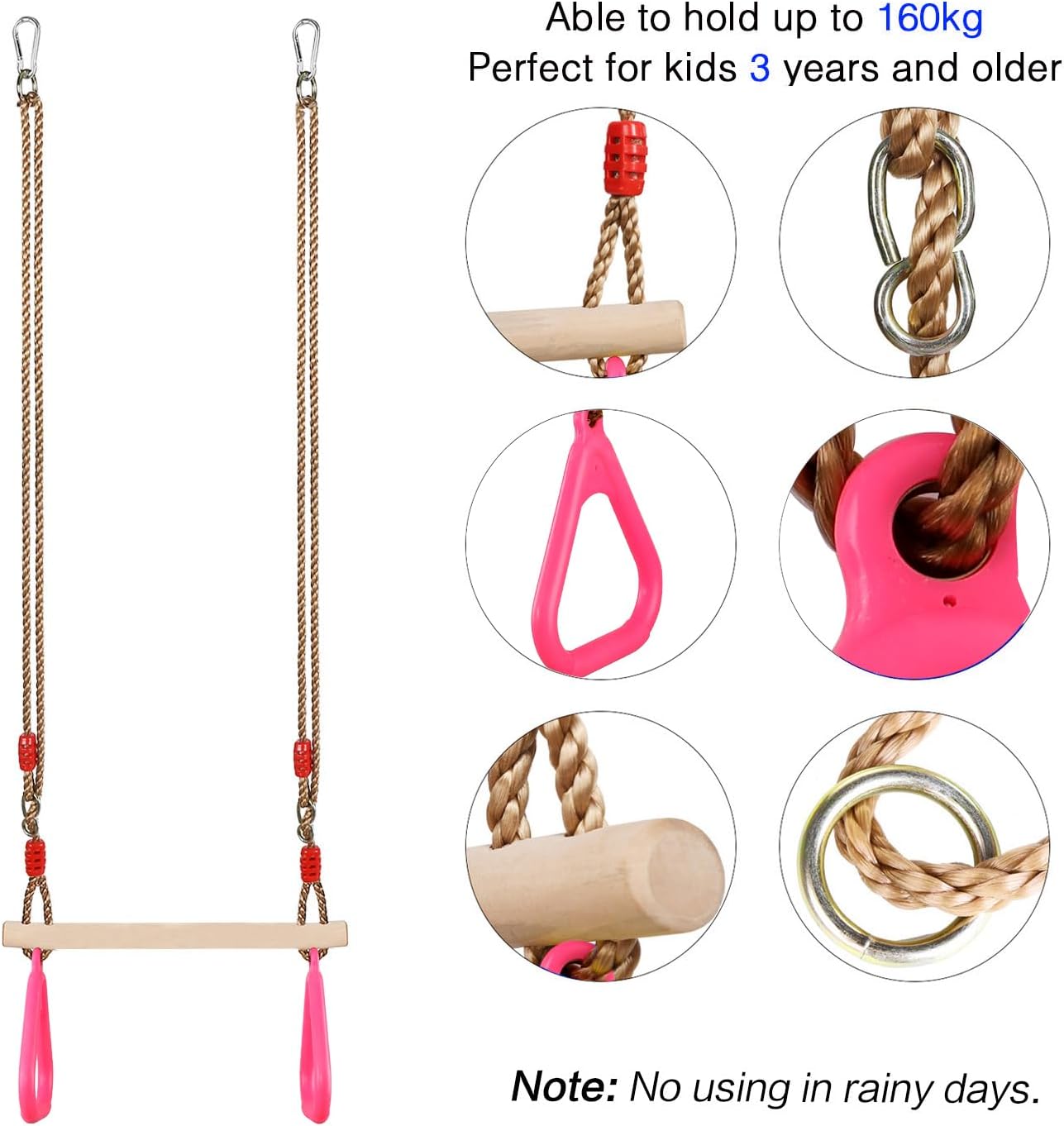 PELLOR Trapeze Bar Gym Rings -Trapeze Swing Bar for Playground Accessories Monkey Bars with Adjustable Rope Kit Equipment for Children Adult