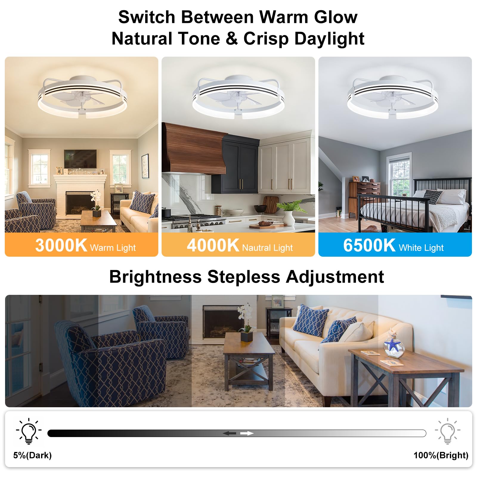 50cm Deckenventilator 3 Farbig Dimmbar 6 Stufiger Umkehrbarer Deckenlampe mit Ventilator Timer