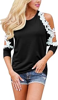 StyleDome Women's Casual Long Sleeve Lace Shirt Cold Shoulder Tops Basic Tee Crochet Blouses