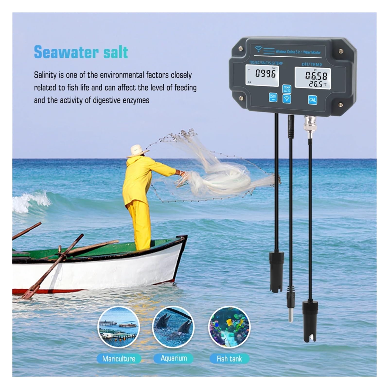 Smart WiFi Aquarium Meerwasser Salzgehalt Wasserqualität Meter PH EC TDS Salz Temp Datenlogger Tester Monitor for Aquarien
