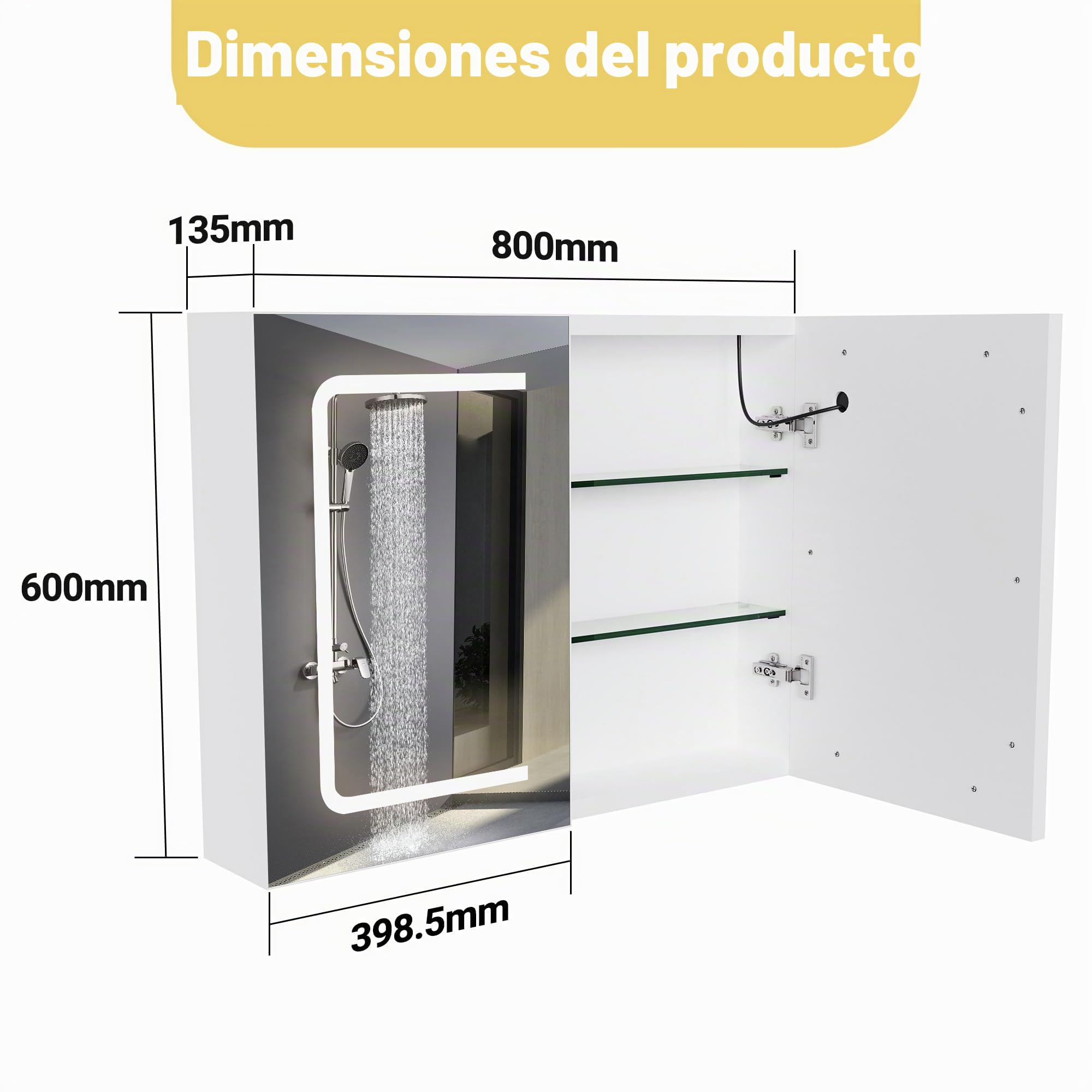 Armario con Espejo Baño con Luz LED, Armario de Baño con Estantes Ajustables, Espejo Inteligente baño con Interruptor de Sensor Táctil, Temperatura de Color Ajustable (60 x 80 x 14 cm)