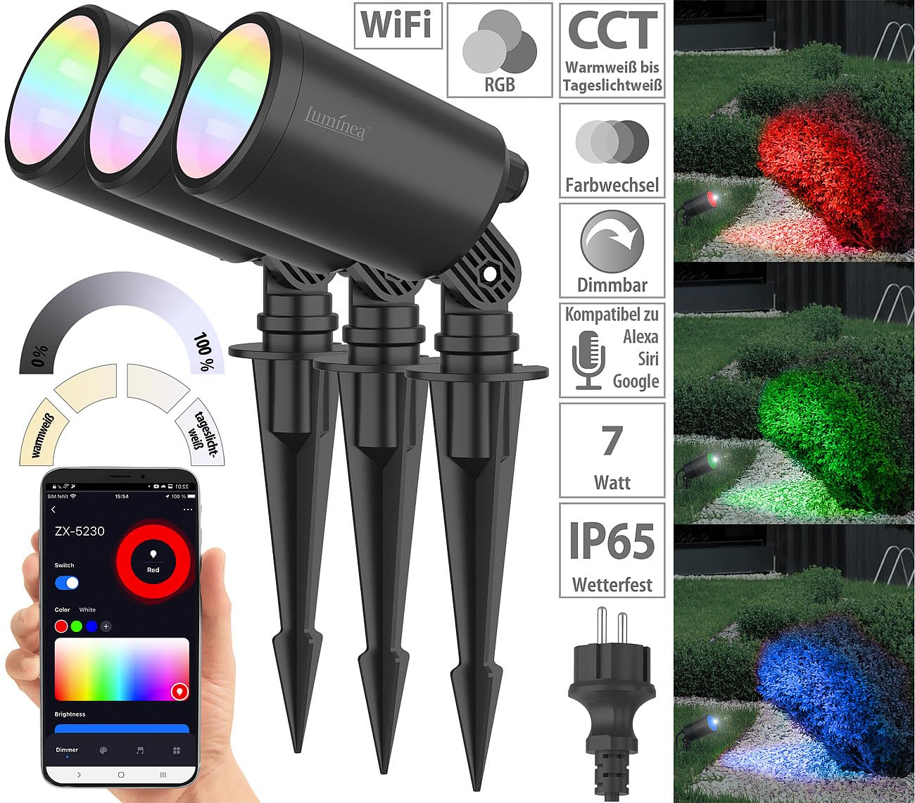 Luminea Home Control Gartenbeleuchtung: 3er-Set WLAN-Gartenstrahler, RGB & CCT, 7 W, 520 lm, IP65, App (Gartenspot, LED Garten, RGBW)