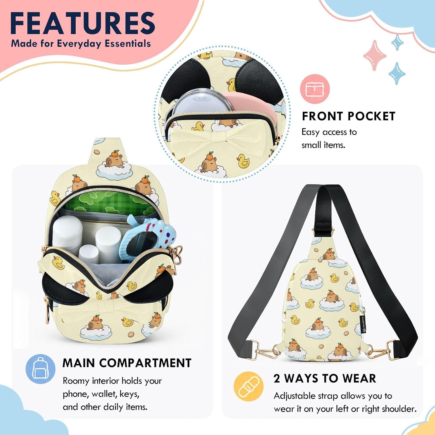 Sinestour Capybara Kids Crossbody Bags for Girls, 5.7x3.1x7.5In | Crossbody Fanny Pack, Toddler Purse, Cute Sling Belt Bag with Ears, 2L Small Shoulder Chest Bag for Travel