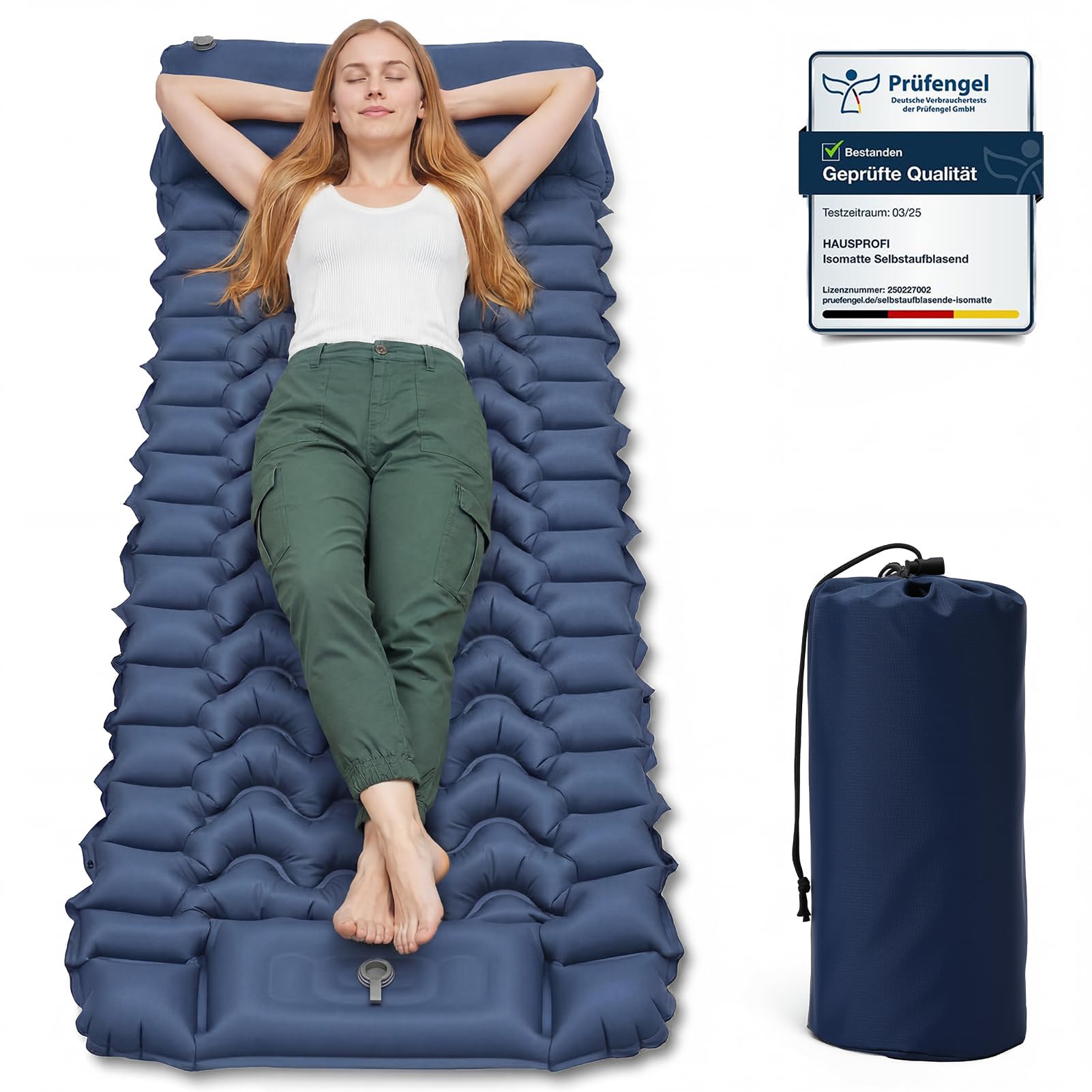 HAUSPROFI Isomatte Camping Ultraleicht aufblasbar mit Fußpumpe & Kissen, Camping Luftmatratze 195 x 73 x 8 cm, 40D-Polyester TPU, kleines Packmaß für Camping & Outdoor