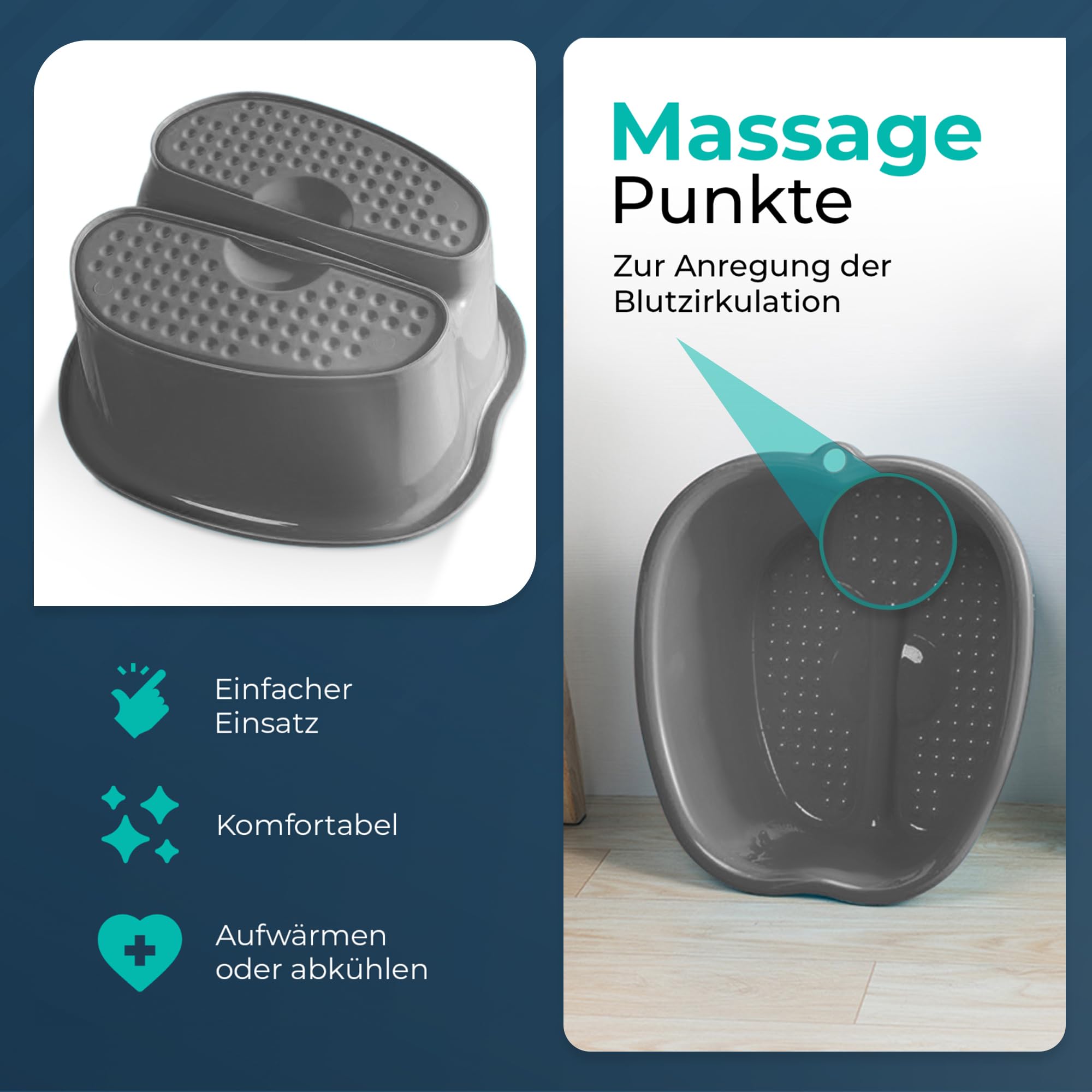 BUDDLEY Fußbad Wanne - Mit Massageboden - Grau - Bis Schuhgröße 46 - Fußbecken Kunststoff - Warm & Kalt - Pediküre - 38 x 34,5 x 17,6 cm