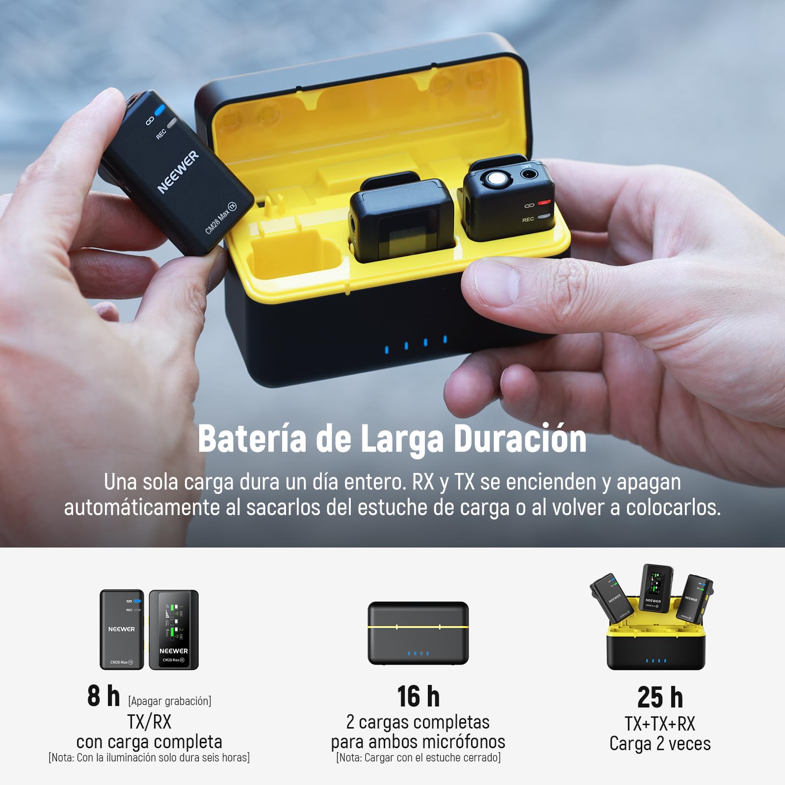 NEEWER CM28 Ultra Inalámbrico Lavalier Solapa Micrófono Sistema Estuche Carga Sin Comprimir 48KHz 24Bit 8GB Almacenamiento Grabación 14H Cancelar Ruido Mini Mic para iPhone iPad Android Cámara PC