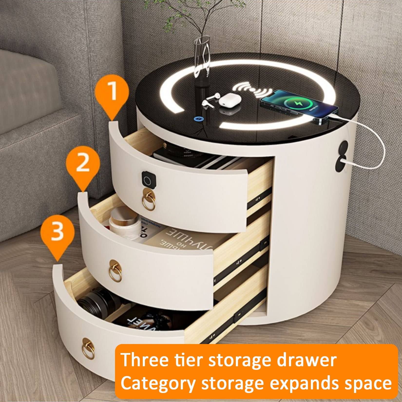 Amazon.co.jp: 充電ステーション付きLEDナイトスタンド、寝室用収納 