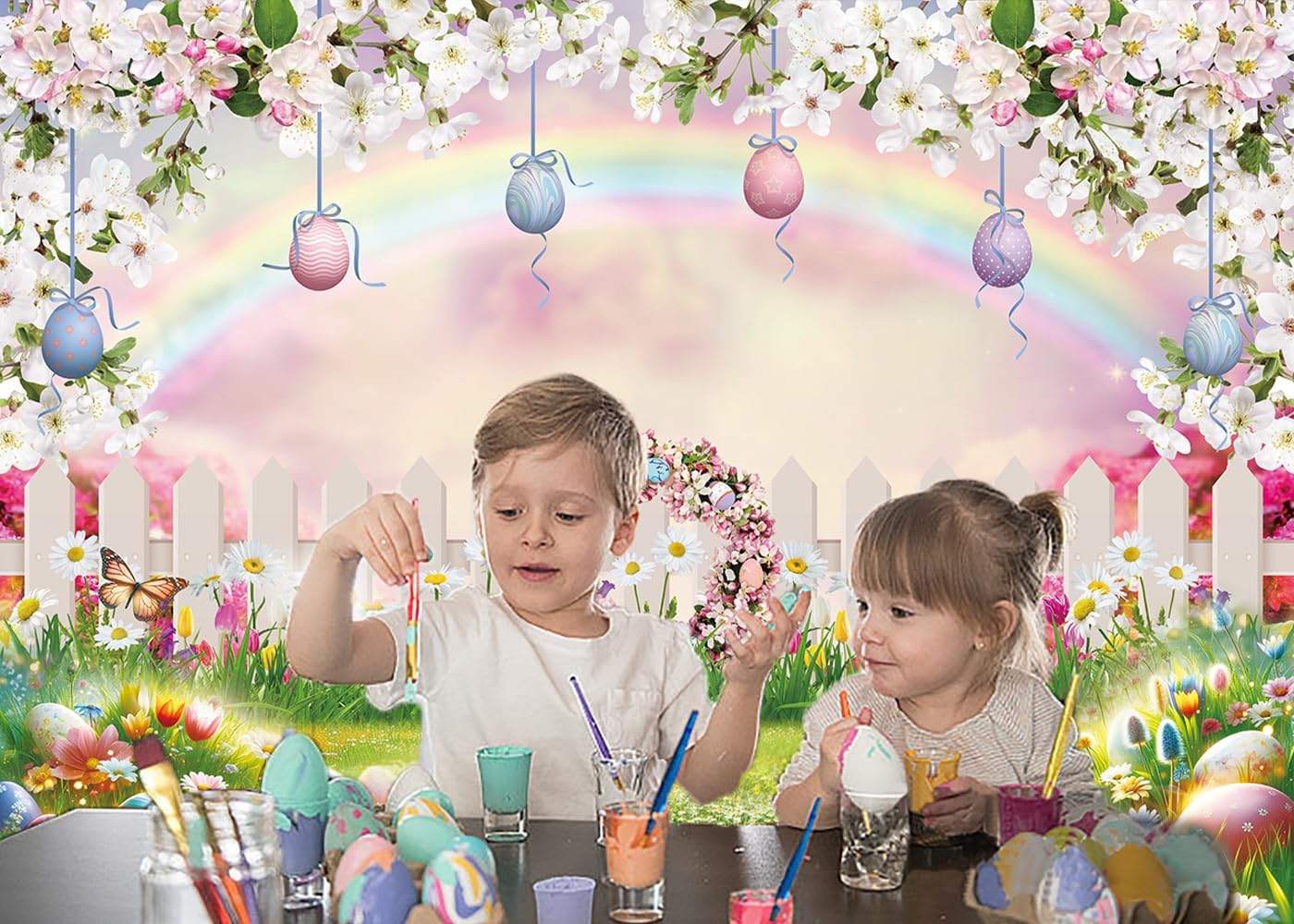 Spring Easter Backdrop Easter Eggs Fence Rainbow Floral Spring Garden Theme Photography Background Baby Shower Children Birthday Home Party Decorations (7x5FT)