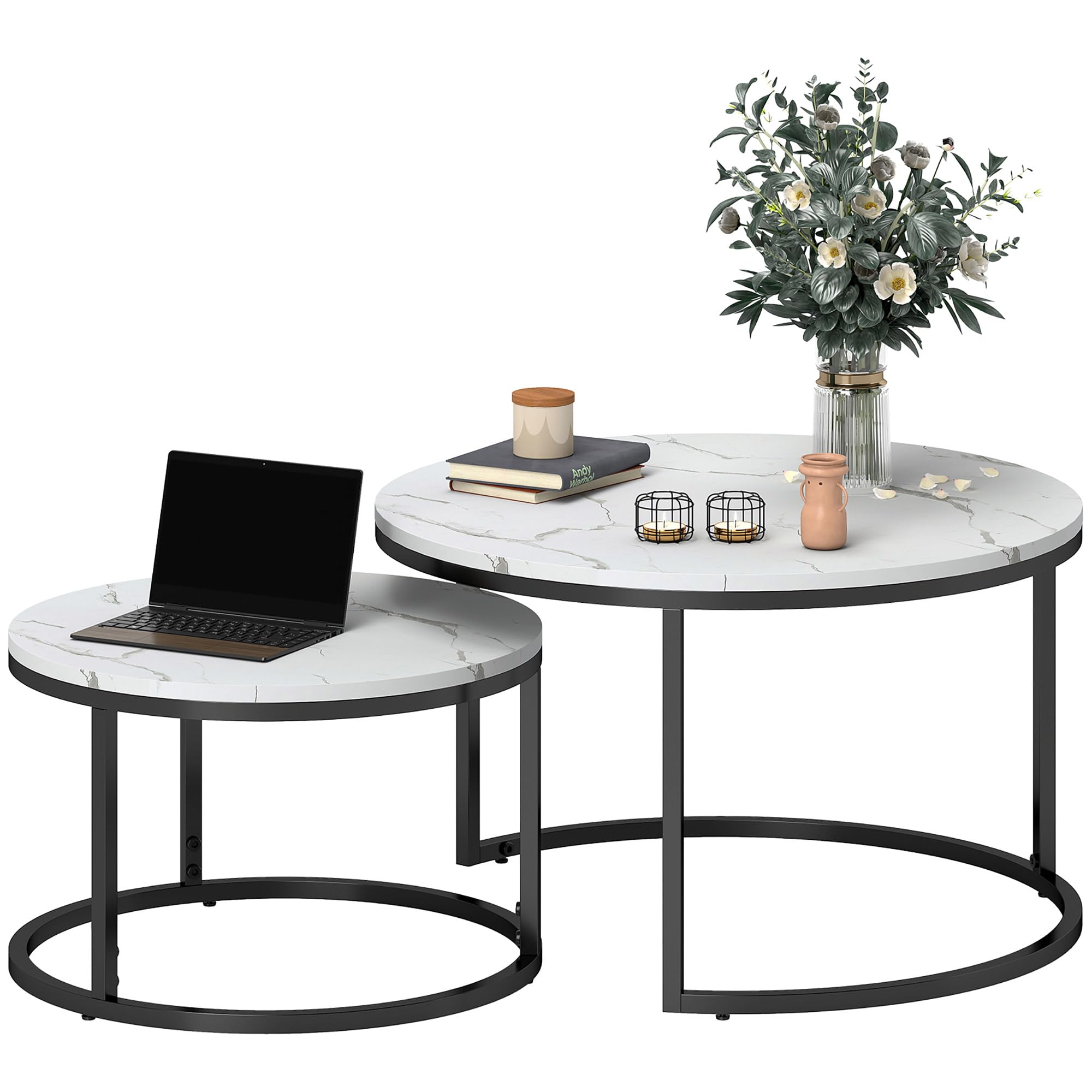 HOMCOM Round Coffee Table Set of 2, Nest of Tables with Steel Frame for Living Room, Marble White โ image 1