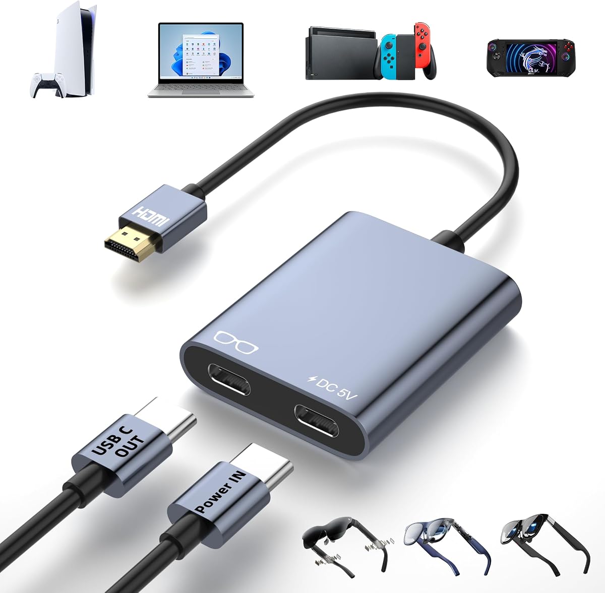 HDMI to USB C Adapter for AR Glasses, 4K@60Hz HDMI Male to USB-C Female AR Glasses Hub for XREAL One/Air 2 Pro, VITURE Pro, RayNeo Air 2s, Rokid, Switch 2/1, Steam Deck, PS5/4, Xbox, Portable Monitor
