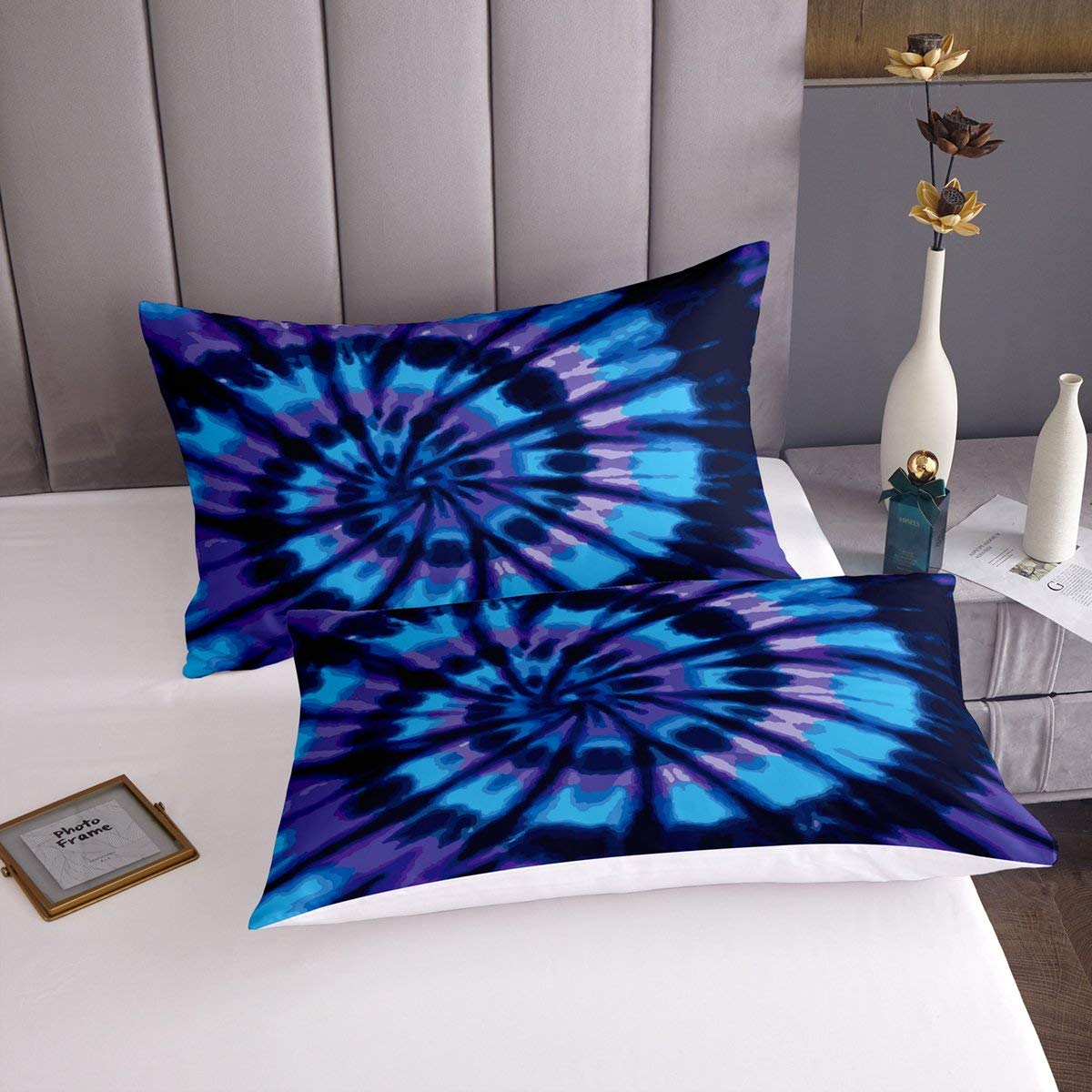 Juego de ropa de cama psicodélico para niños y niñas, diseño de espiral, color azul, con 2 fundas de almohada