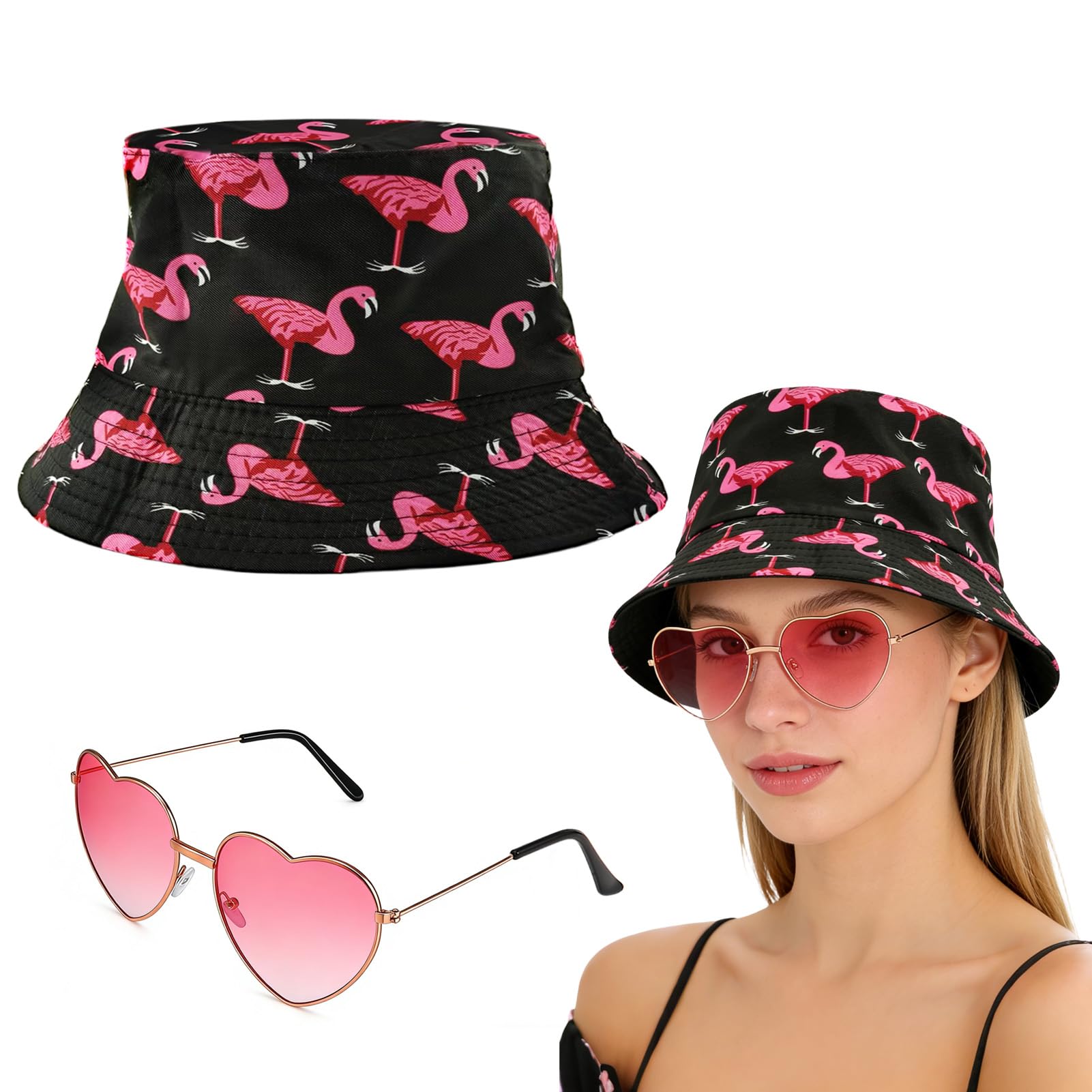 Sombrero de Pescador Flamenco, Sombrero del Pescador Mujer con Gafas de Sol Corazón, Sombreros para El Sol de Pesca, Protección UV Sombreros, Ropa y Accesorios De Moda