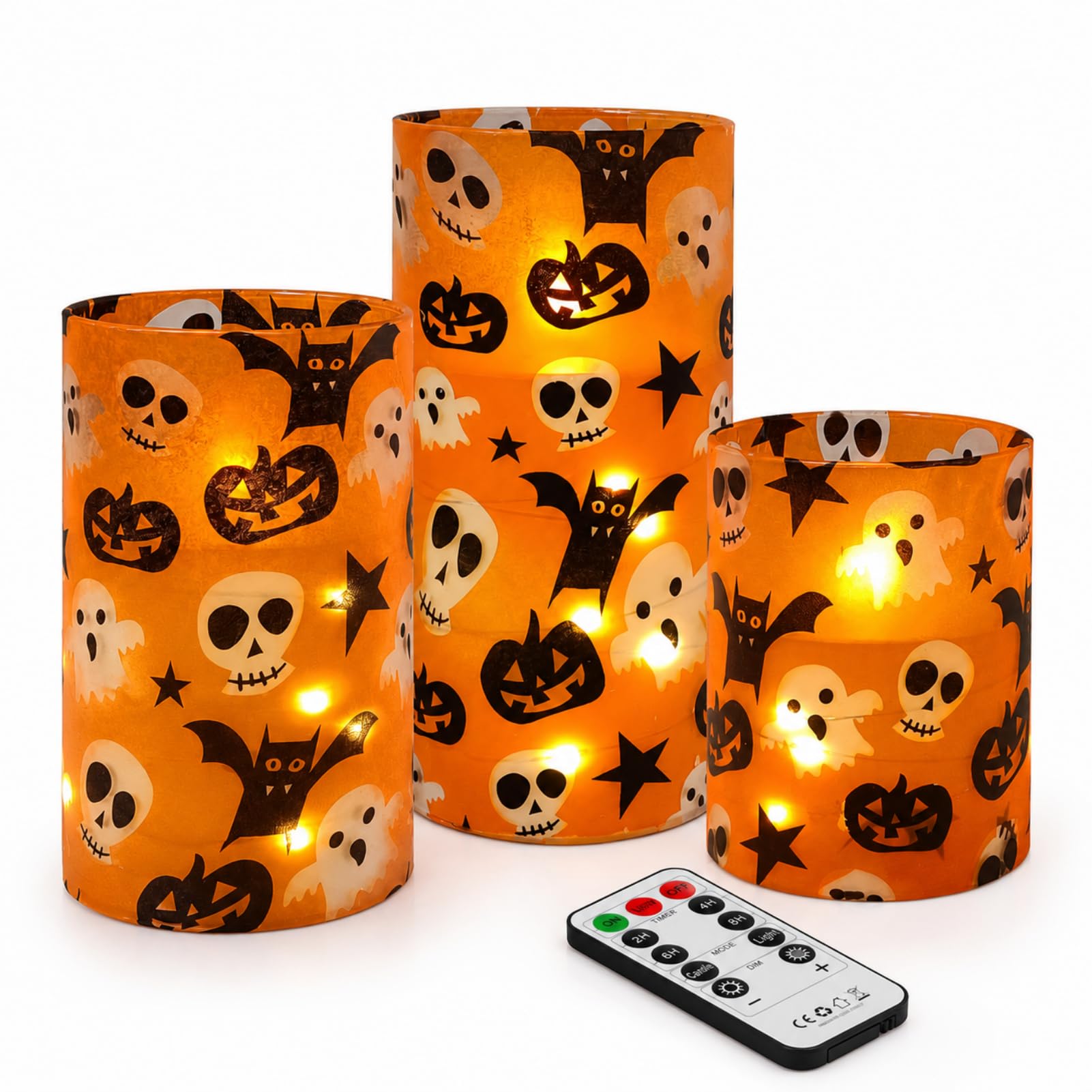 Halloween Flameless Candles with String Lights - Set of 3 Ghost Battery Operated Candle Flickering Floral LED Pillar Candles with Timer Remote for Home Decor Romantic Ambiance