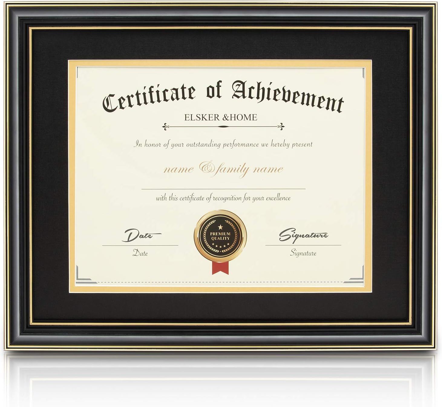 ELSKER&HOME Diploma Frames 11x14 with Mat- Solid Wood - Display 11x14 Document/Certificate with Mat or 15x18 without Mat - Wall Mount Display (Double Mat,Black Mat with Golden Rim) Black+Black(Golden Rim) Mat 11x14 with mat