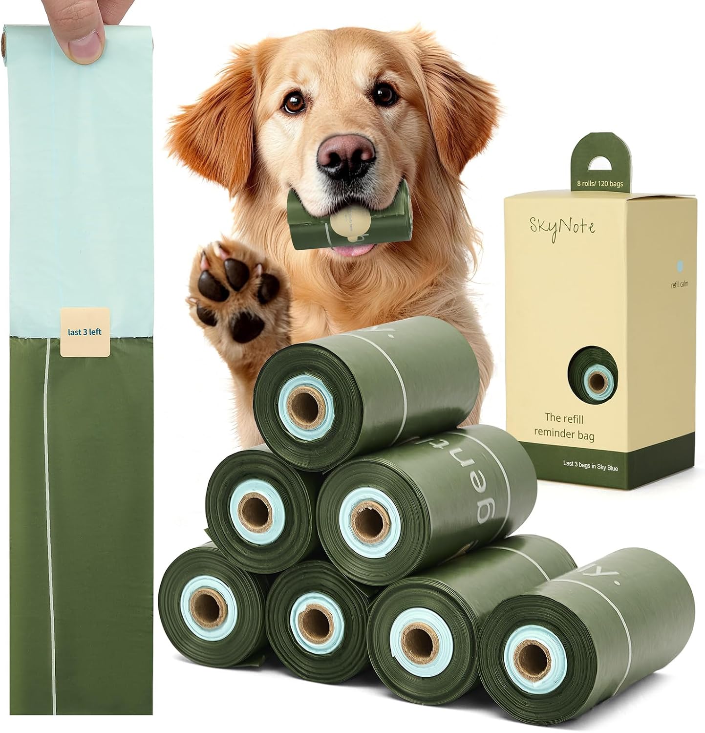SkyNote Dog Poop Bag Rolls - Last 3 in Sky Blue Refill Reminder Waste Bag Unscented Eco-Friendly Leakproof Pet Doggie Puppy Cat Litter Bags 120 Counts for Walking Travel Home
