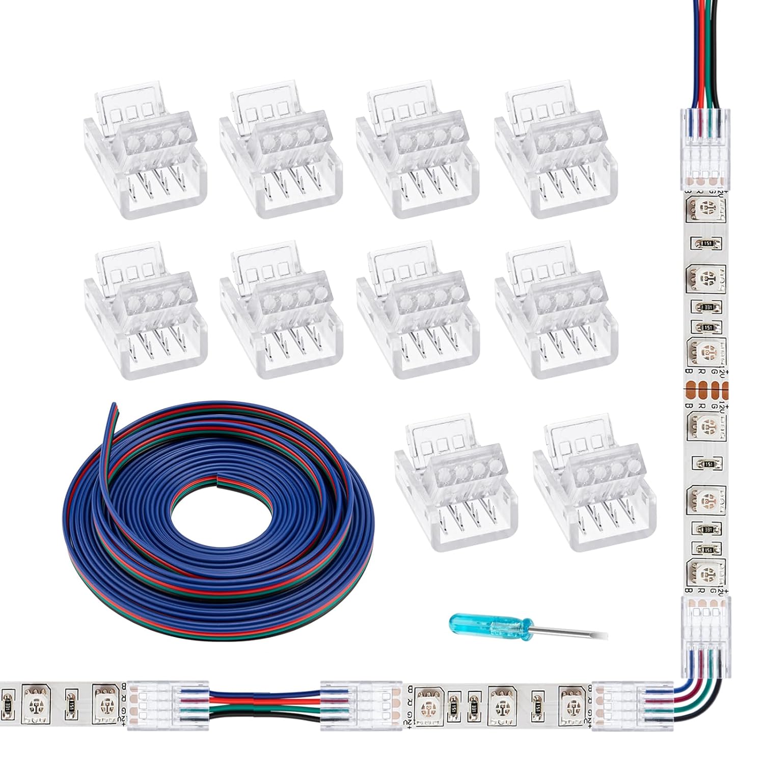 4 pin LED Strip Light Connector 10 Pack Solderless Track Lighting Connectors and 16.4ft 22 Gauge LED Extension Cable for 10mm Wide 4-pin 2835 5050 RGB Strip Lights