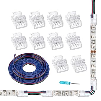 4 Pin LED Strip Light Connector 10 Pack Solderless Transparent Snap-On Connectors with 16.4 ft 22 AWG 4-Conductor Extension Cable for 10mm Wide 4 Pin 2835 5050 RGB Strip Lights