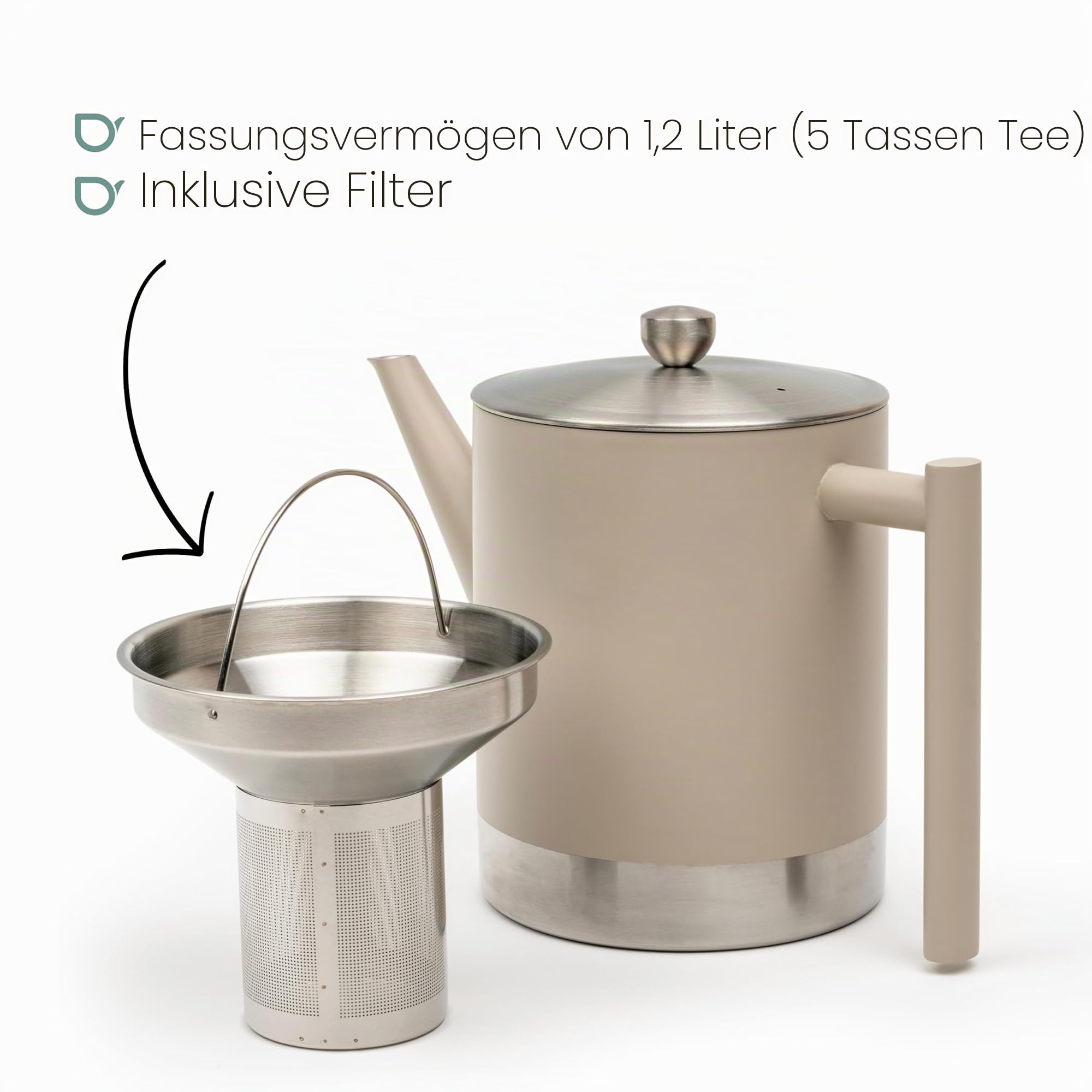 Bredemeijer große doppelwandige Edelstahl Teekanne 1.2 Liter - Edelstahlkanne in Schlammgrau - Kanne inklusive integriertes Teefilter-Sieb
