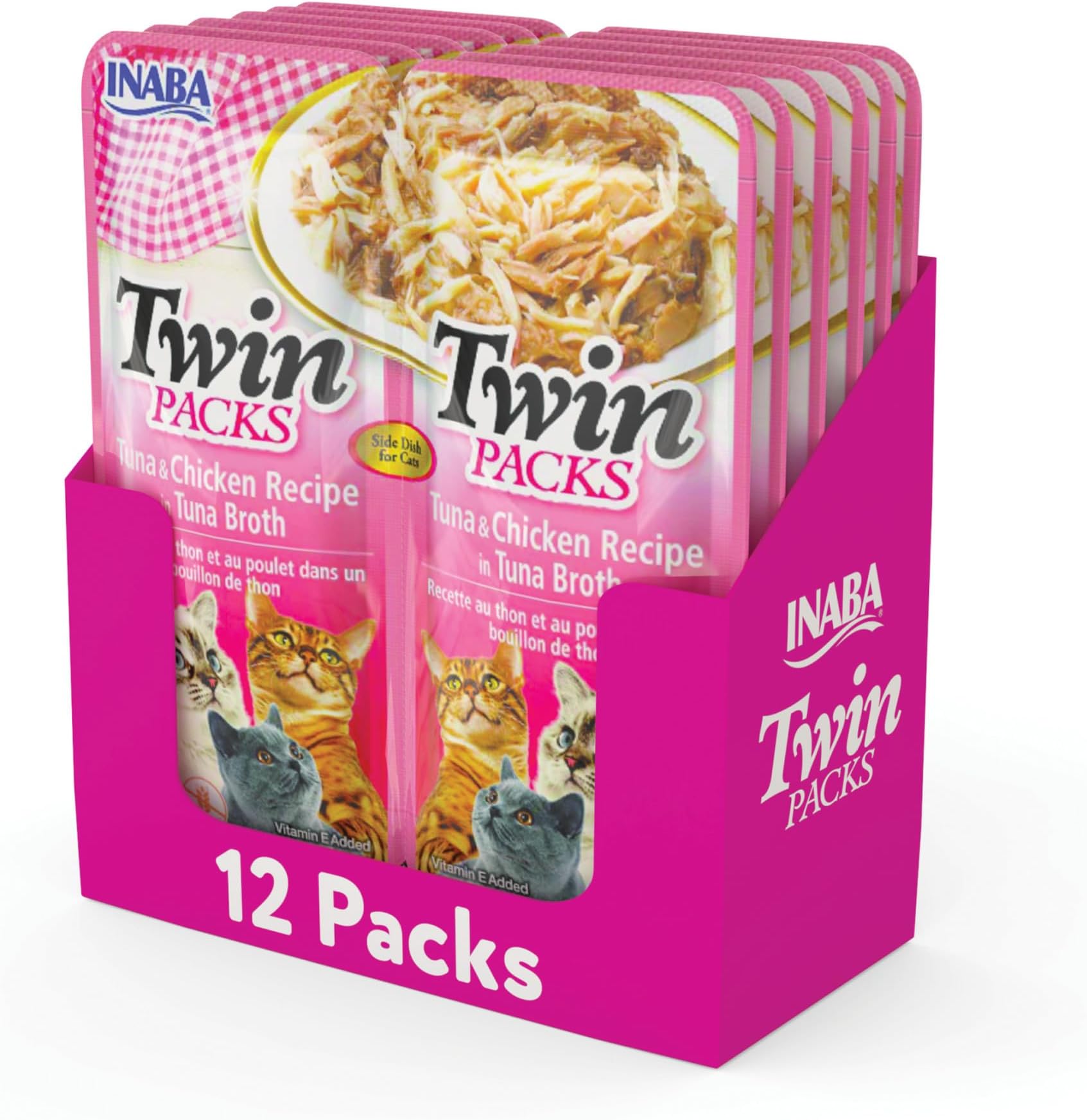 INABA Twin Packs for Cats, Side Dish/Topper Cups, 1.4 Ounces per Serving, 12 Servings, Tuna & Chicken Recipe in Tuna Broth