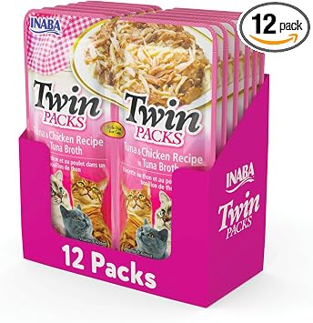 INABA Twin Packs for Cats, Side Dish/Topper Cups, 1.4 Ounces per Serving, 12 Servings, Tuna & Chicken Recipe in Tuna Broth