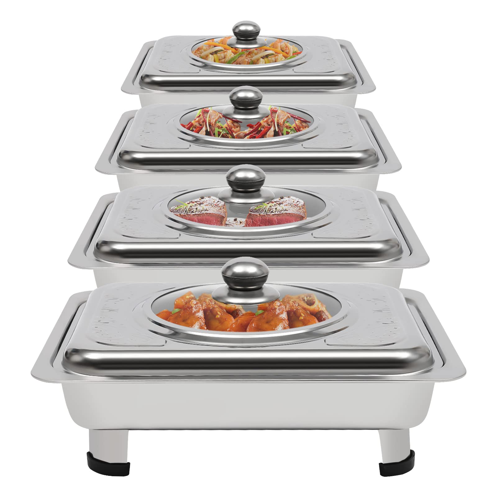4pcs Chafing Dishes, Stainless Steel Food Warmers with Clear Lid, Rectangular Buffet Server, 33.5 * 27.5 * 9cm Warming Trays for Buffets