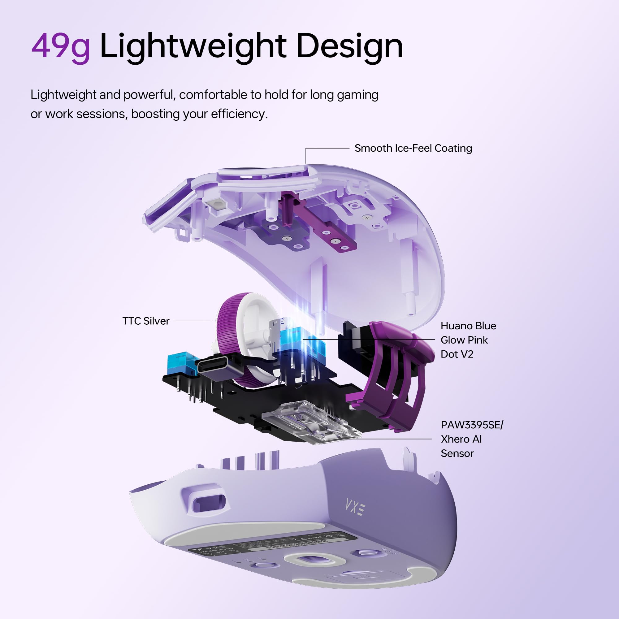 VXE V3 Pro Leichte kabellose Gaming-Maus, PAW3395 SE-Sensor, 18000 DPI, 6 programmierbare Tasten, 300 h Akku, 1K Abfragerate, kompatibel mit PC, Mac (V3 Pro, Schwarz)