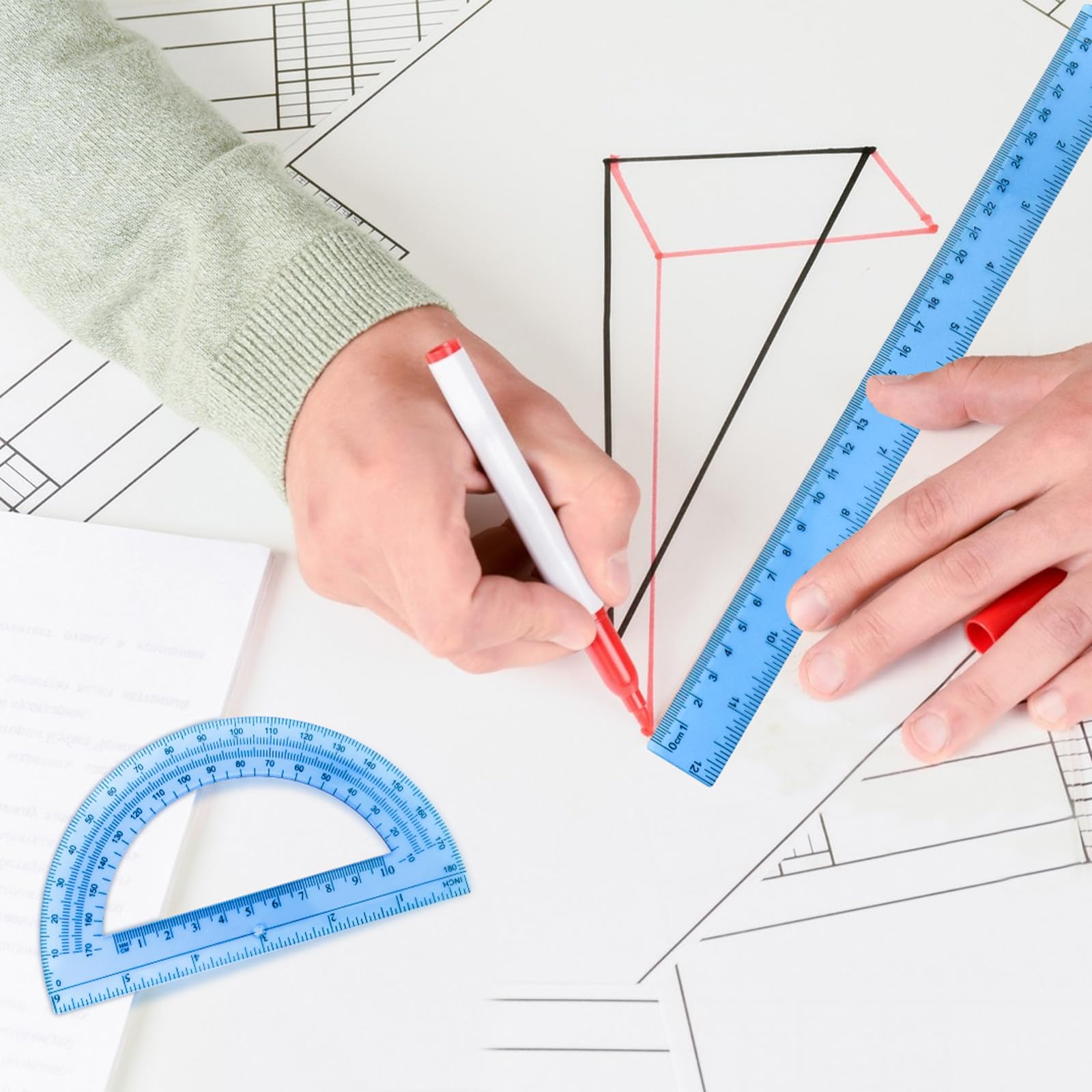 8pcs 6in Plastic Protractor with 12in Plastic Ruler Set,Clear Protractor Clear Ruler Math Geometry Protractor Ruler Set Student Classroom Protractor with Ruler,Transparent Protractor for School - Image 6