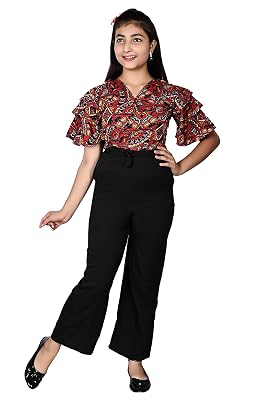FELLAMO Girls Flared Sleeves Printed Jumpsuit-66 Red-Black 12-13 Years