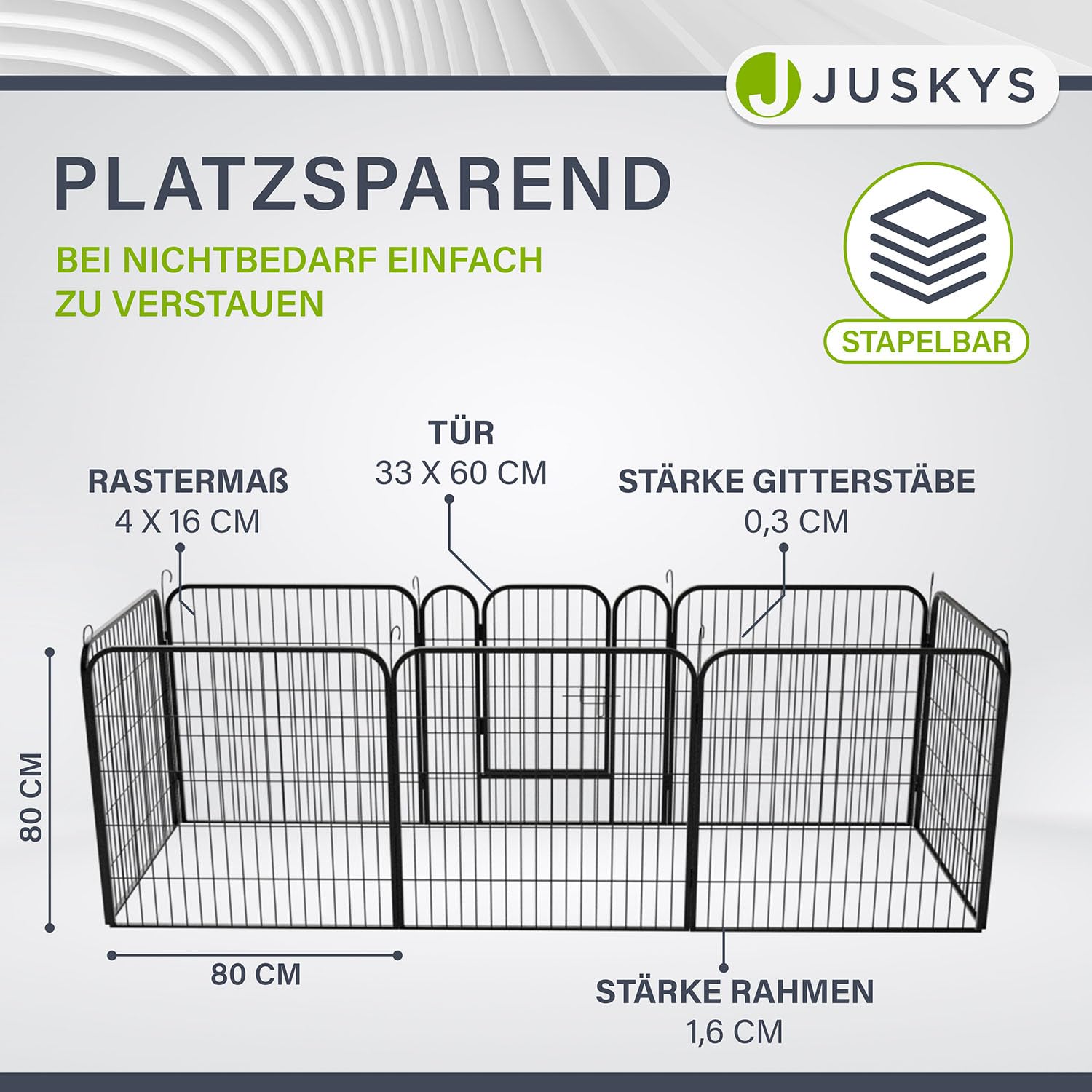 Juskys Welpenauslauf Plus 160x160x80 cm - Welpenlaufstall 8-teilig aus Metall - Freigehege mit Tür - Welpengitter für Hunde, Hasen & Kleintiere