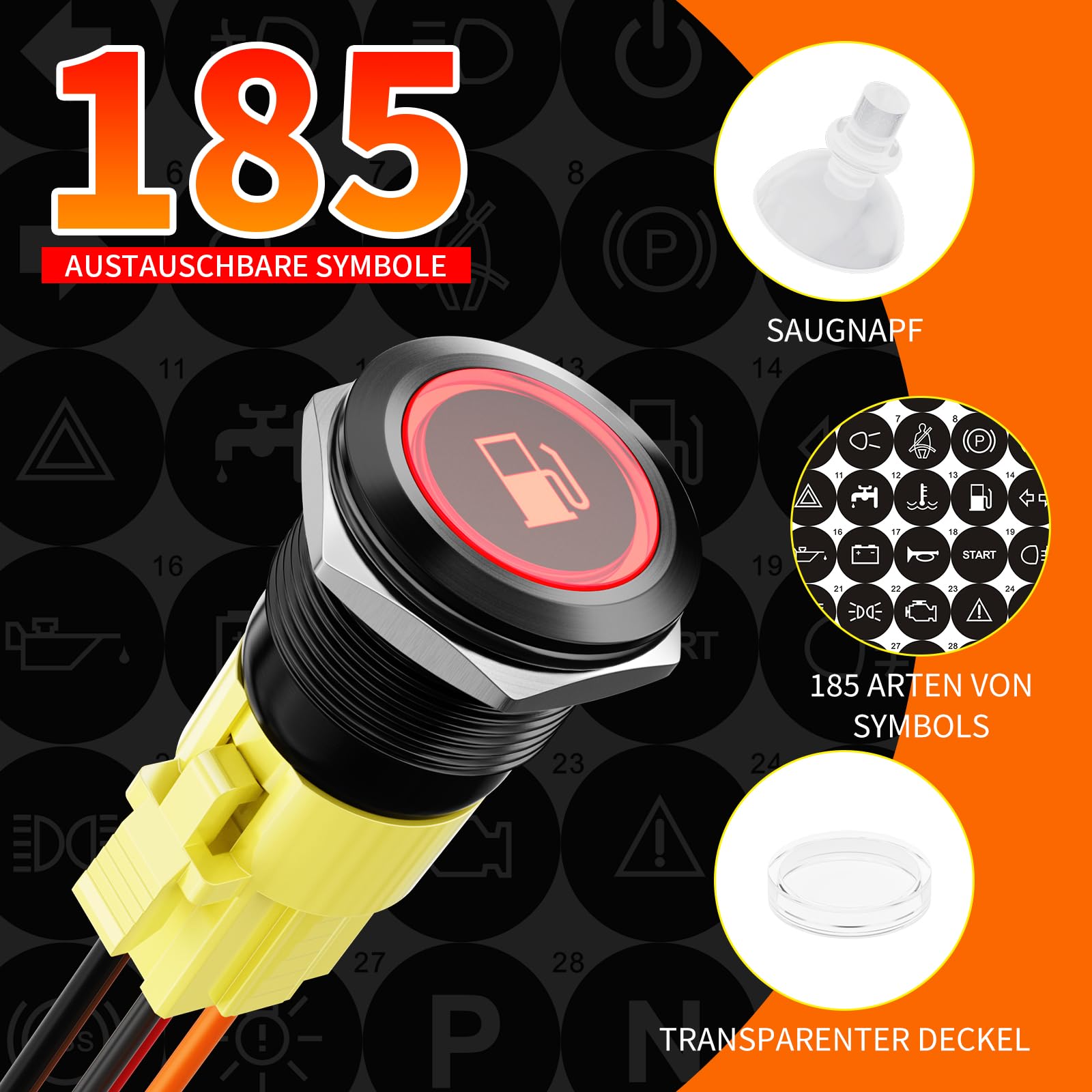 Lot de 2 boutons-poussoirs LED de 19 mm pré-câblés avec faisceau de câbles, 12-24 V CC IP65 étanche, avec 185 symboles interchangeables, pour voiture, panneau de commande industriel, commande de