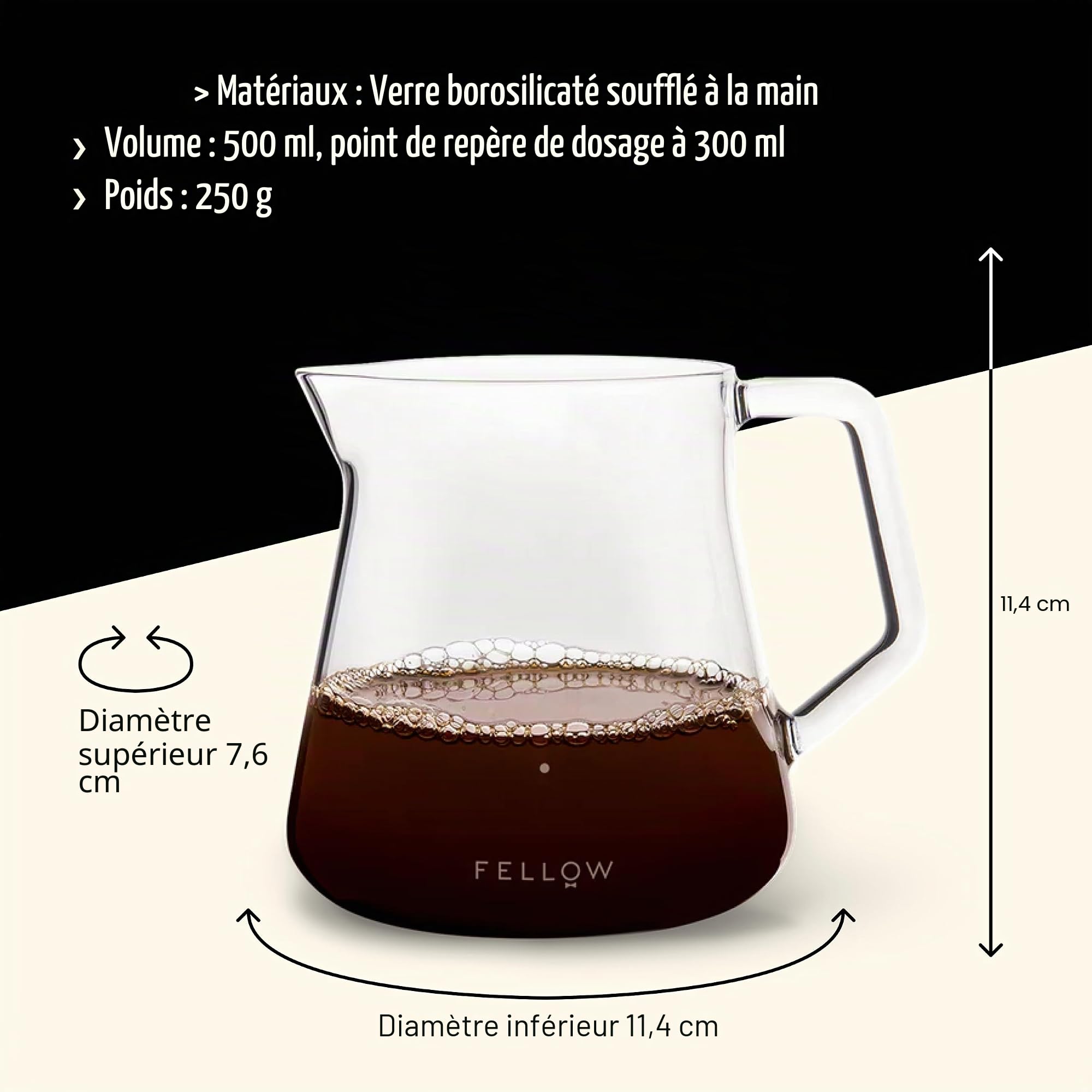 Fellow Mighty Petite carafe de service en verre pour café et thé, gris fumé 5 mm, capacité 500 ml, bec anti-goutte, poignée robuste