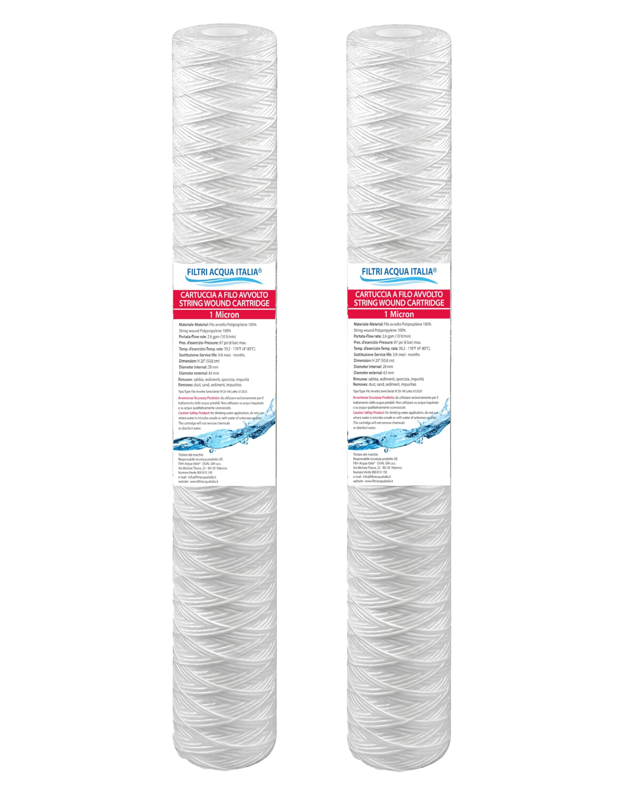 Cartuccia Filtro Filo Avvolto 20 Pollici Micron 1 Set 2 Pz. Filtri Acqua Italia